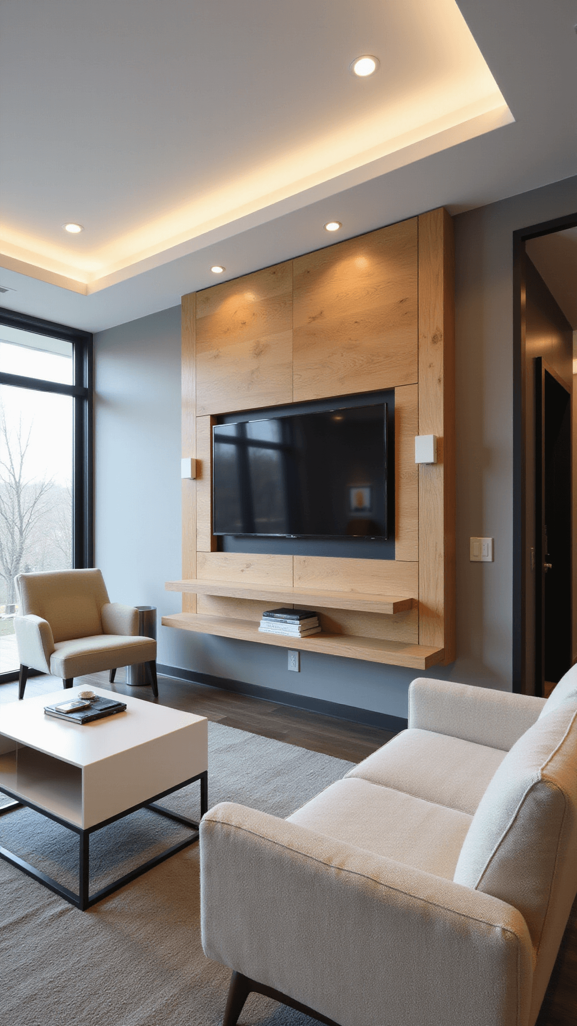 High-angle view of a modern 14x16ft smart living space with natural light, tunable LEDs, smart display wall, tech-integrated coffee table, and warm-toned decor with copper and sage accents.