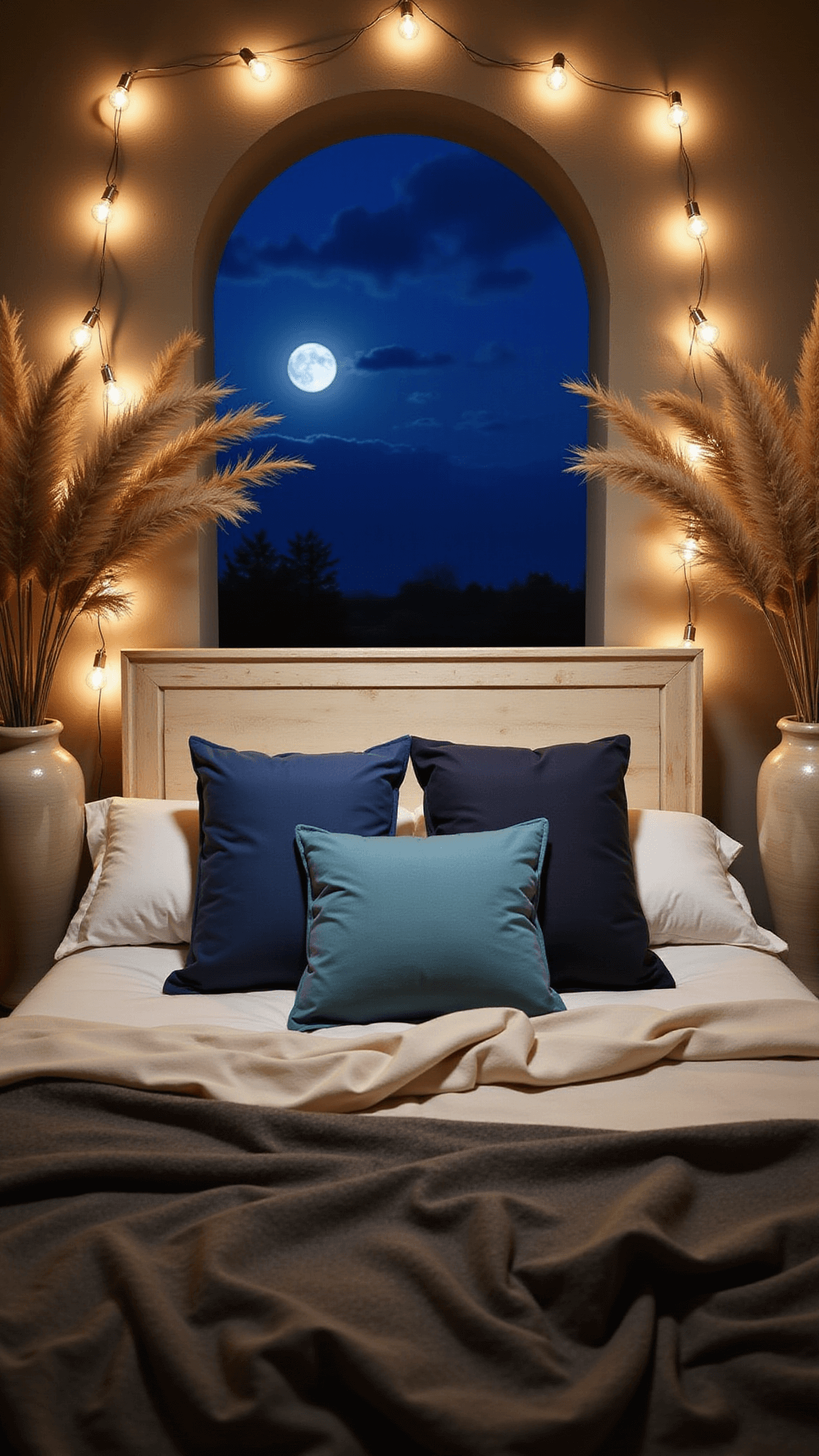 Cozy bedroom at dusk with string lights and moonlight, king bed with blue and white pillows, twisted linen sheets, and pampas grass in ceramic vases.