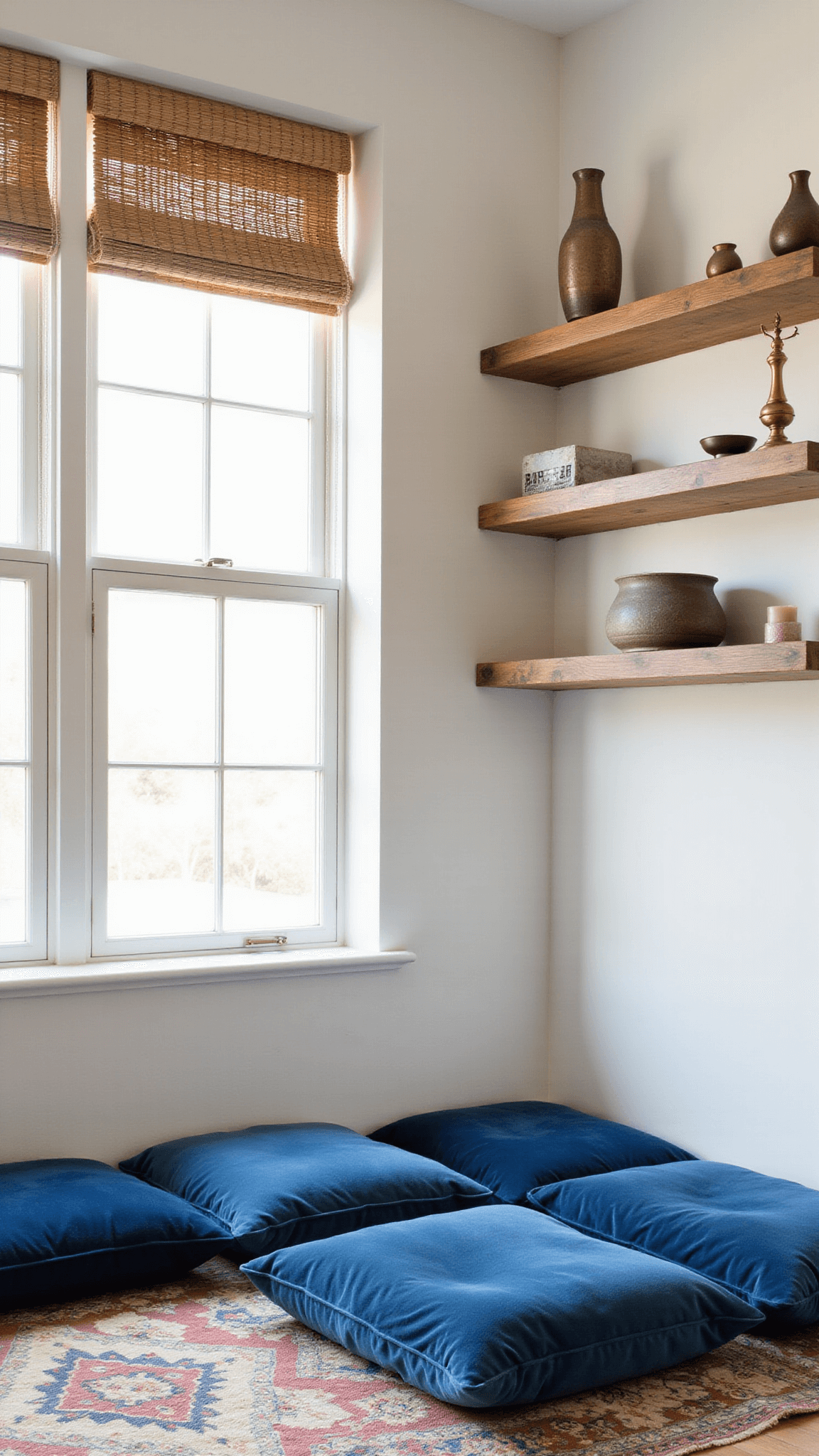 Bright morning meditation corner with blue velvet cushions on Moroccan rug, bamboo-filtered light from floor-to-ceiling windows, and handmade decor on floating wood shelves.