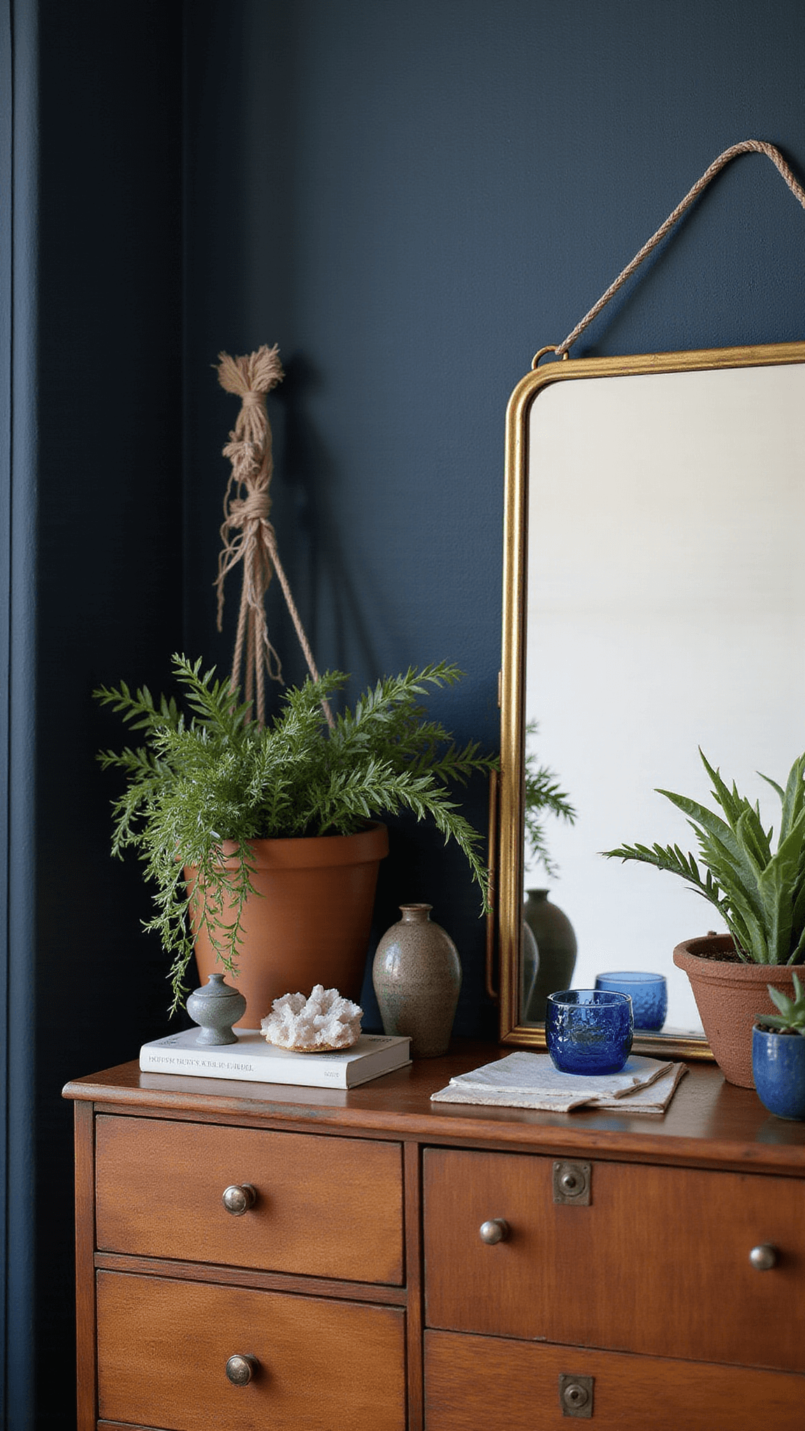 Vanity vignette with brass-framed Art Deco mirror, vintage dresser, crystal clusters, blue glass, and trailing vine against textured navy wall.