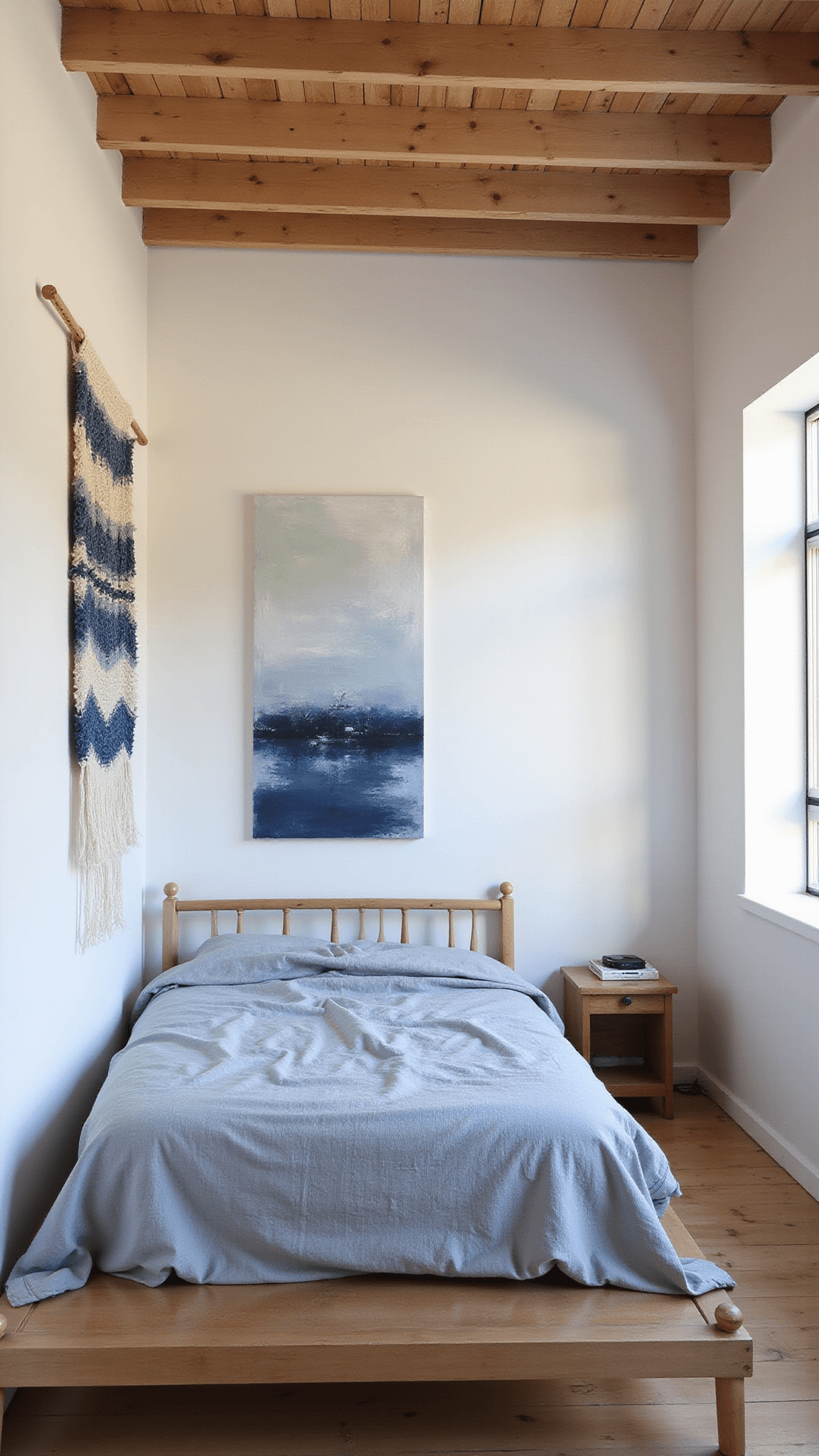 Minimalist boho bedroom at dawn with platform bed in blue linen, abstract indigo artwork, and handwoven tapestry, in sunlit room with exposed wooden beams.