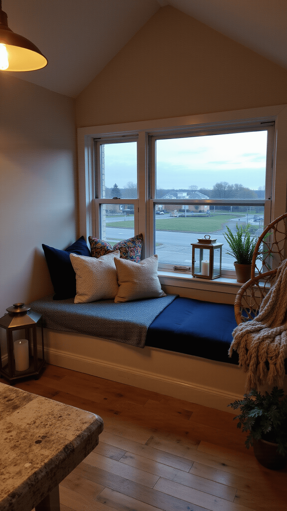 Cozy twilight window seat nook with navy cushions, bohemian pillows, rattan chair with knit throw, plants, and brass lanterns in dormer space.