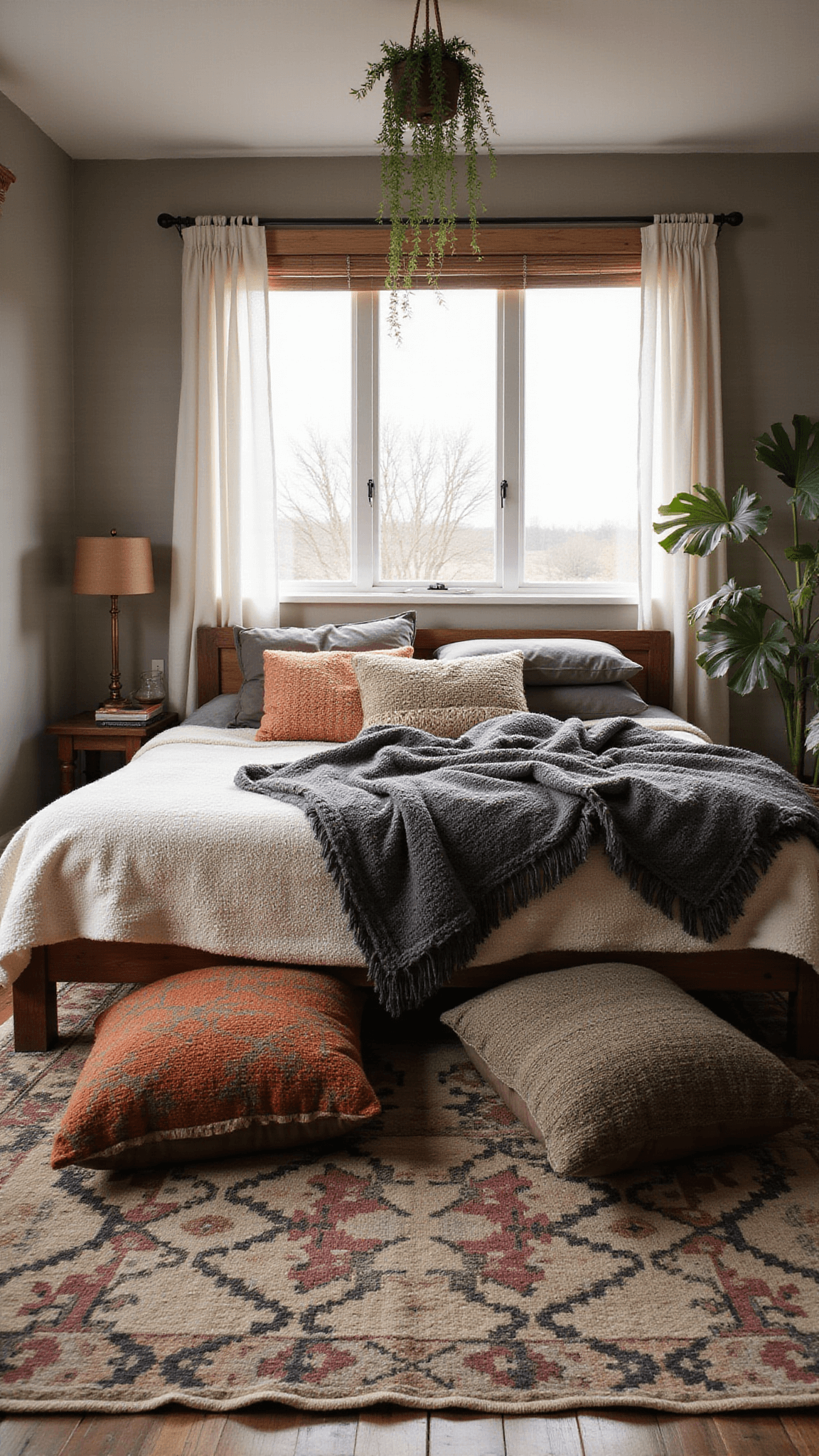 Inviting bedroom with soft morning light filtering through bamboo blinds, showcasing a large cream and charcoal Moroccan rug, vintage kilim cushions, low wooden bed with chunky throws, hanging greenery, and a copper floor lamp.