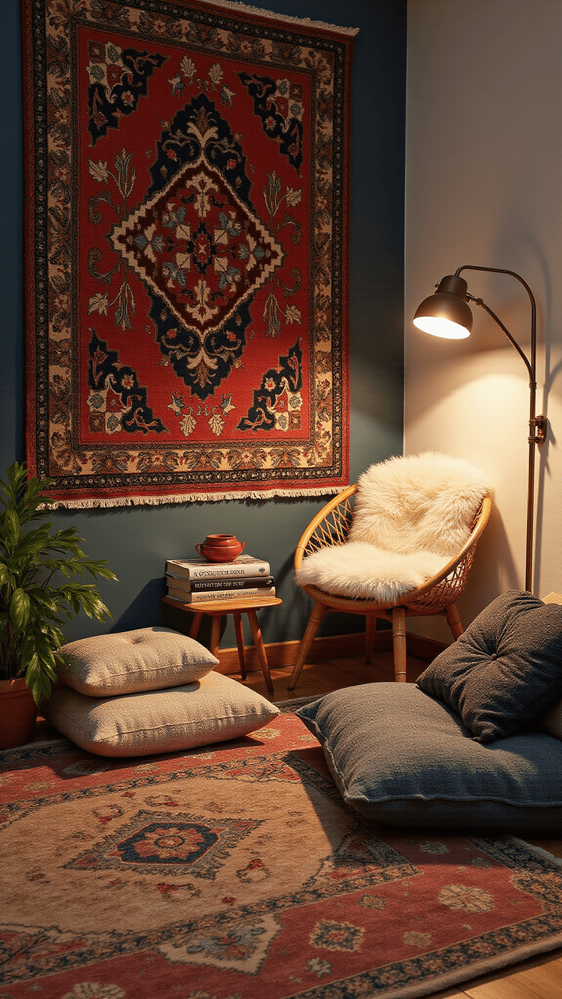 Cozy reading corner in a small bedroom with layered vintage rugs, rattan peacock chair, sheepskin throw, brass floor lamp, trailing plants, and floor cushions during twilight.