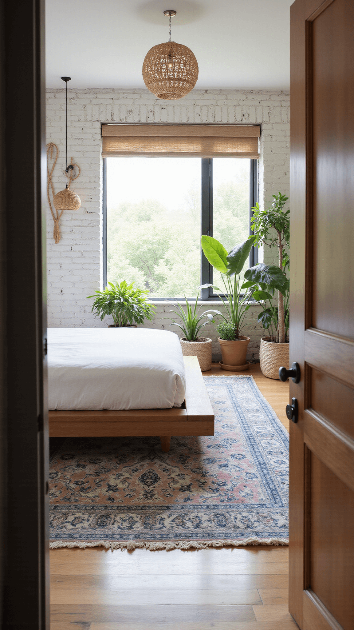 Bright spacious bedroom with queen bed on layered rugs, whitewashed brick wall, rattan lighting fixtures, and trailing plants.