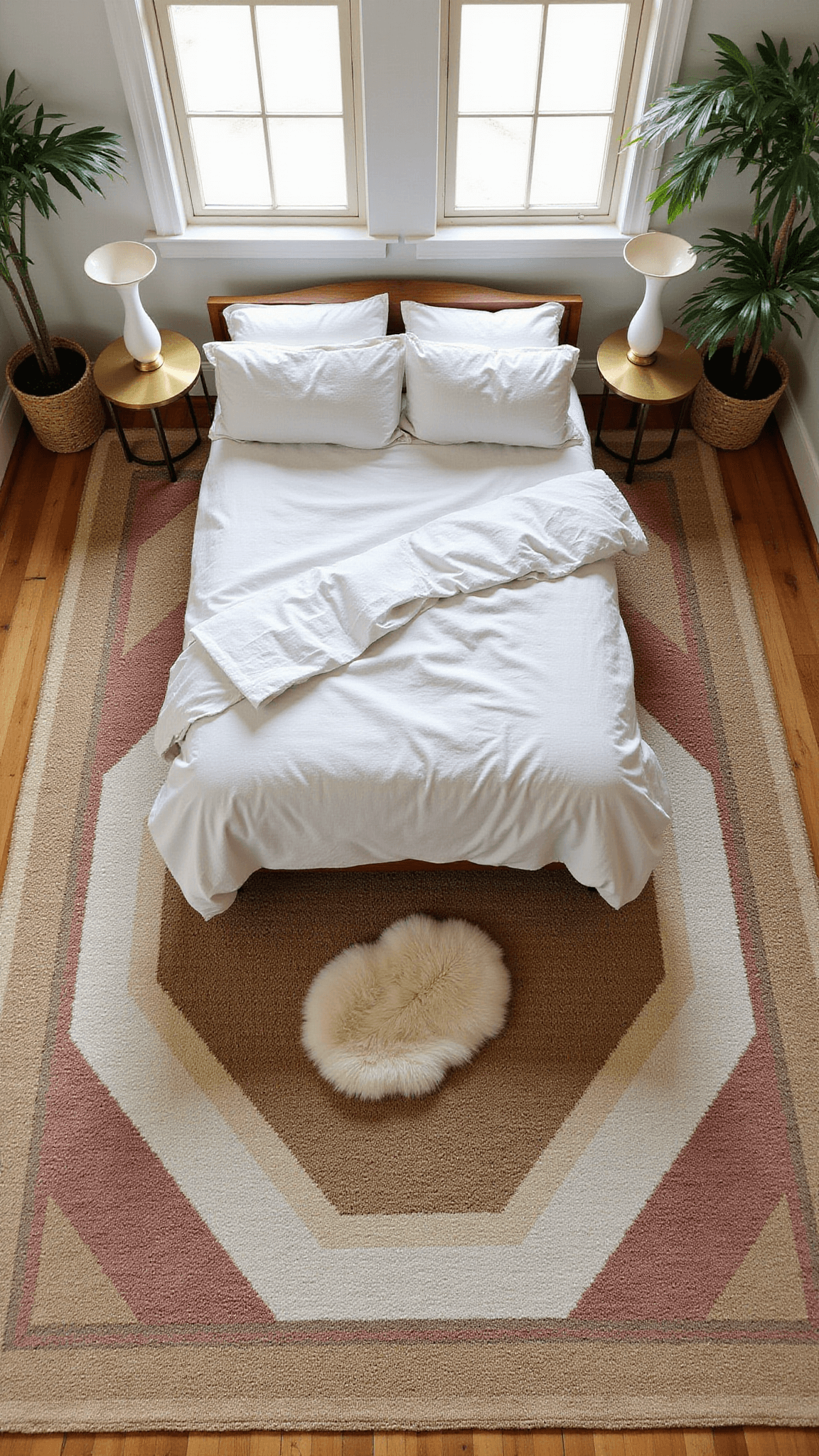 Overhead shot of a sunlit bedroom featuring layered rugs, a low bed with rumpled linen, brass side tables, ceramic lamps, and potted palms in the corners.