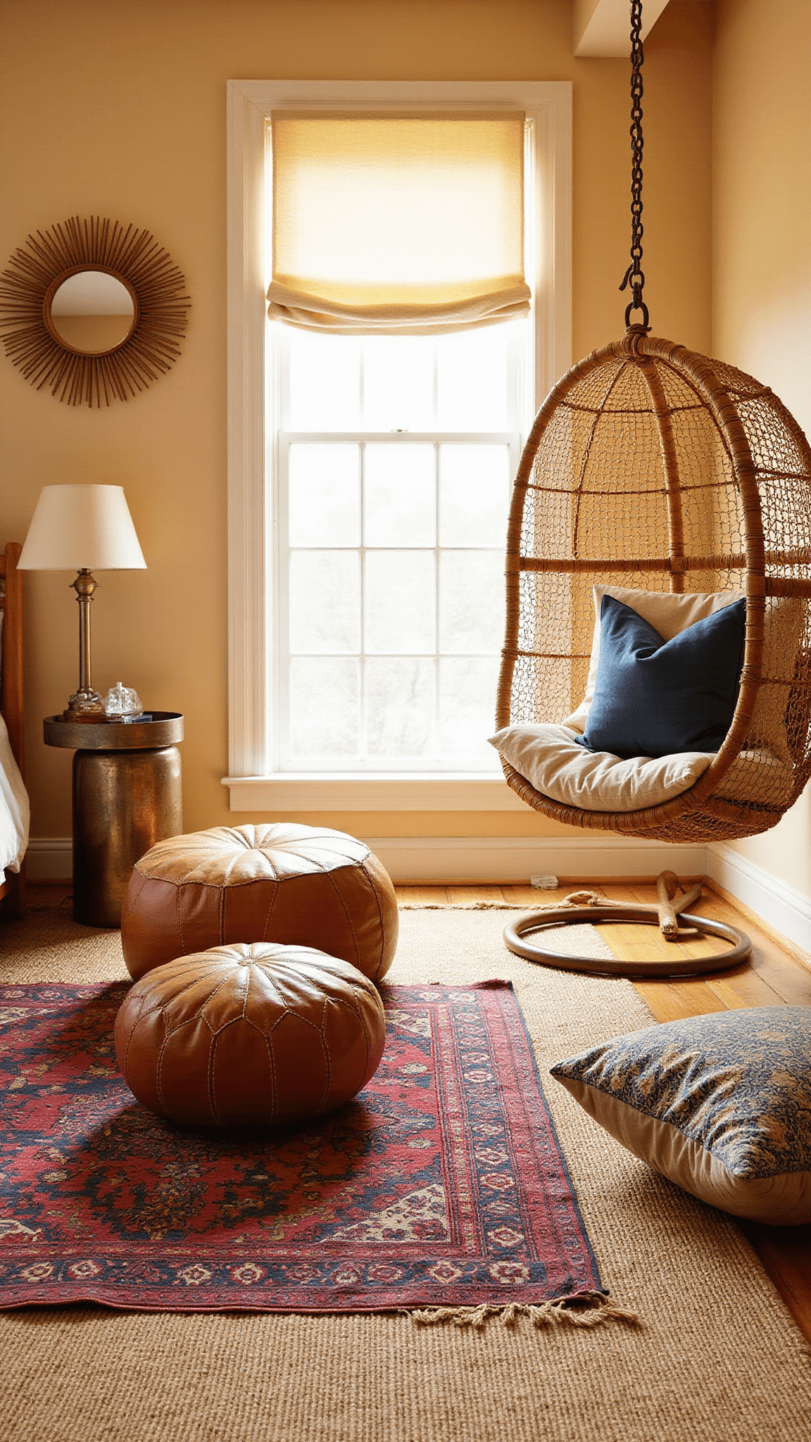 Cozy bedroom corner illuminated by sunset, featuring layered rugs, jewel-toned floor cushions, leather pouf, brass accent table, and hanging rattan chair with macramé cushion.