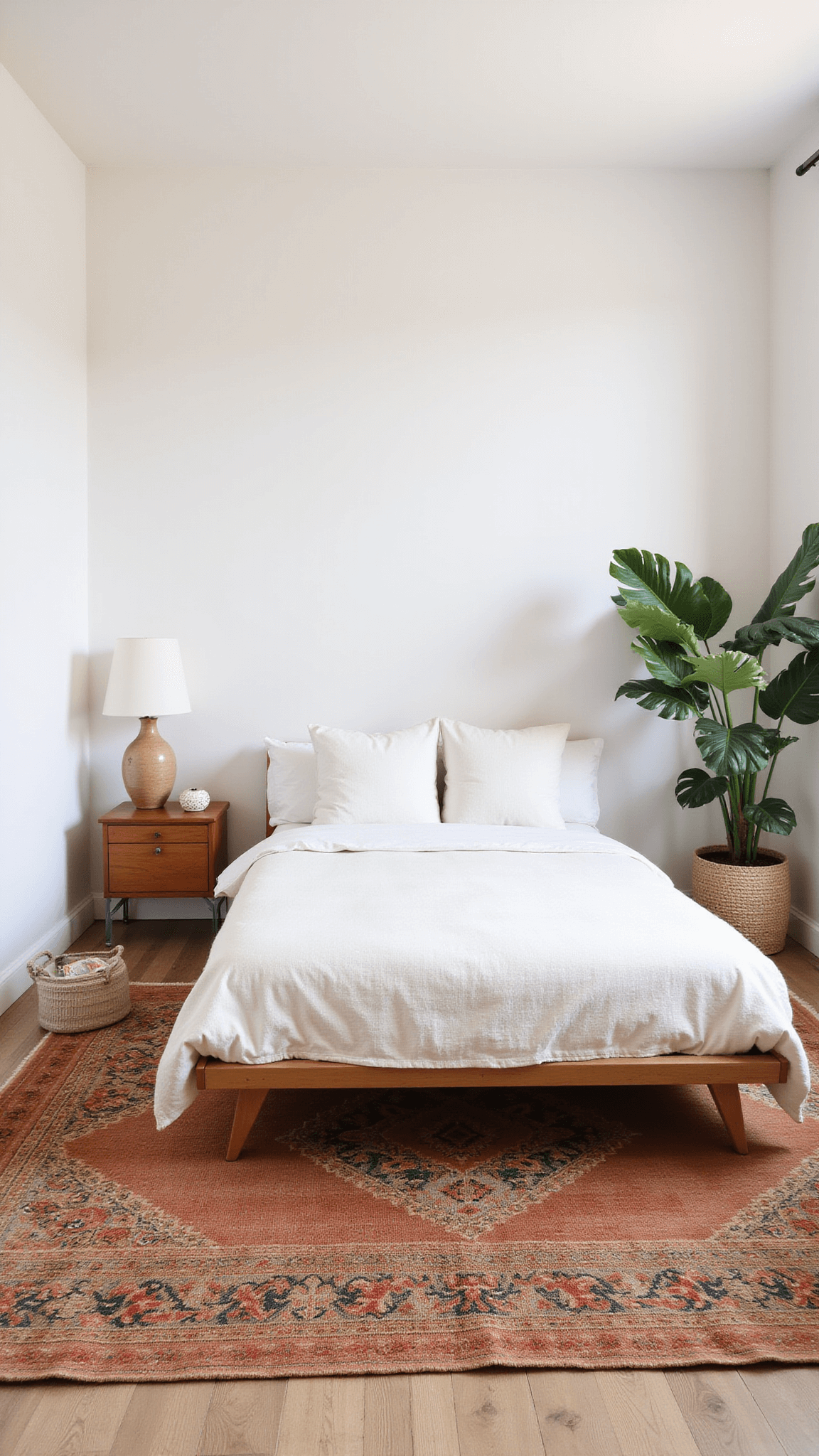 Minimalist bedroom with platform bed, layered rugs, rattan bench, ceramic lamp, and monstera plant bathed in soft morning light.