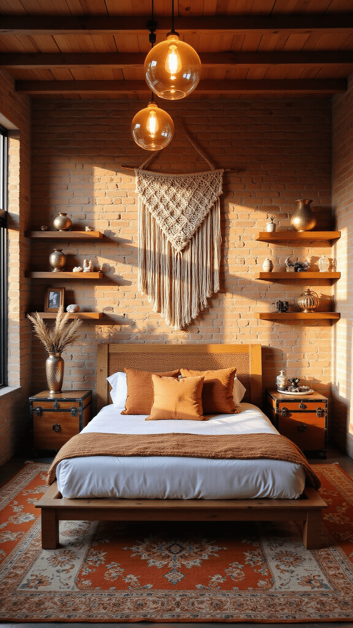 Cozy boho bedroom at golden hour with warm light, platform bed, vintage trunk nightstands, layered rugs, macramé wall hanging, and decorative shelves with brass, crystals, and pampas grass.