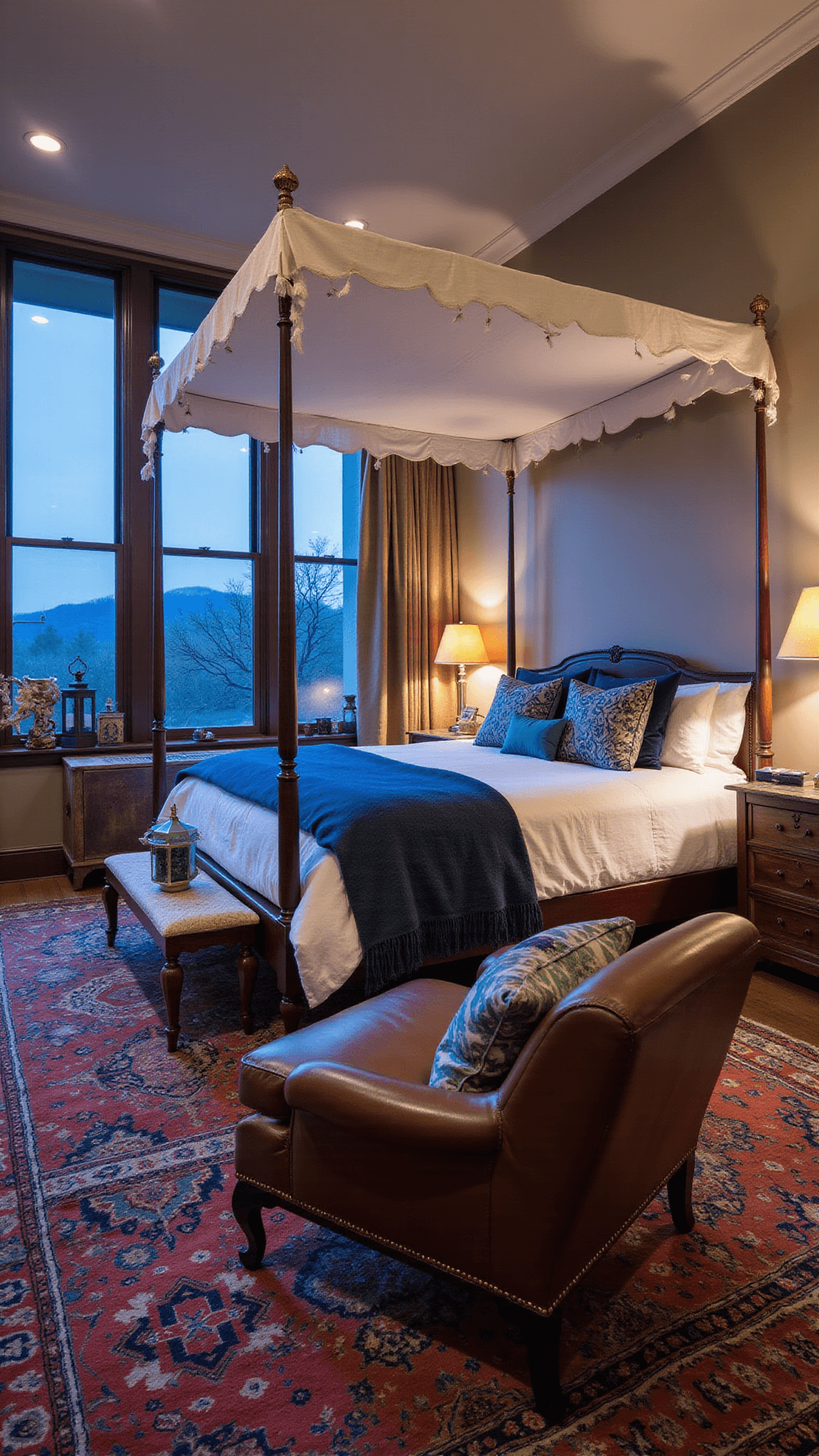 Moody twilight-lit corner bedroom with floor-to-ceiling windows, four-poster bed with white canopy, indigo textiles, vintage leather armchair, global artifacts, and jewel-toned layered decor.