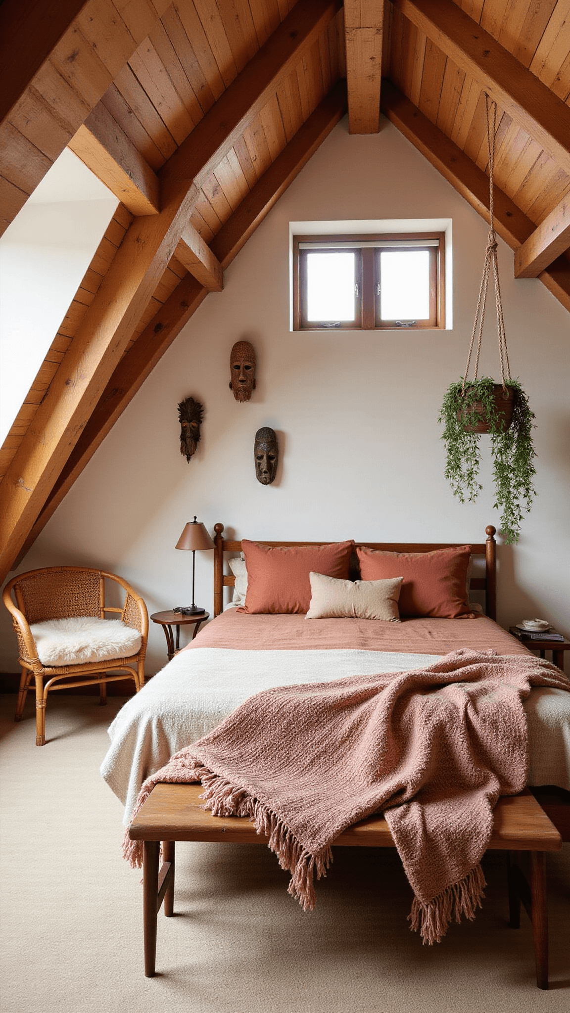 Cozy attic bedroom with exposed wooden beams, floating bed in desert tones, rattan chair, hanging plants, and tribal wall decor.