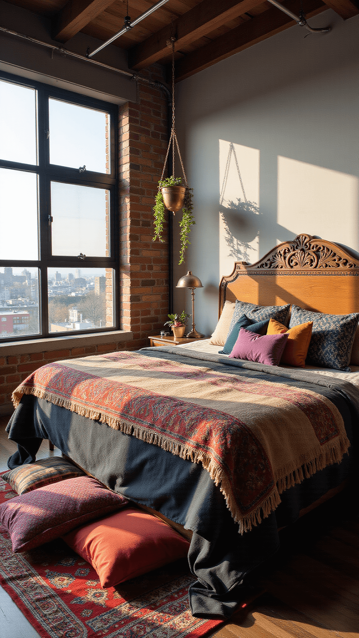 Loft-style bedroom with industrial windows, dramatic late afternoon shadows, mixed-metal bed, global textiles, carved wooden headboard, jewel-toned floor cushions, and hanging brass planters with vines.