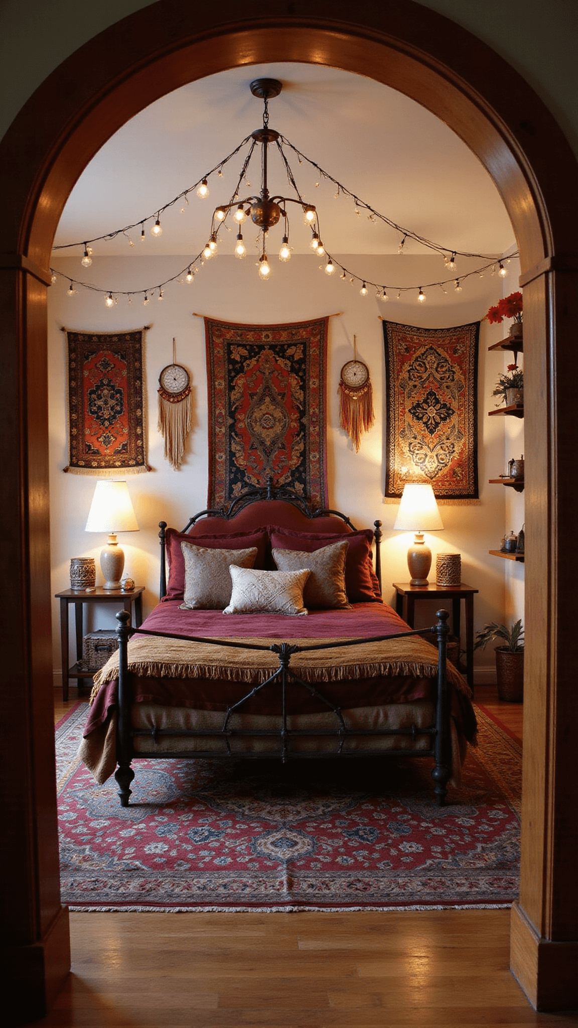 Bohemian 13x15ft bedroom framed by arched doorway, featuring dusk lighting, salt lamps, copper string lights, vintage iron bed with burgundy, olive, and gold velvet and silk, asymmetrical dream catchers and tapestries, layered Persian rugs, and global treasures on floating copper shelves.
