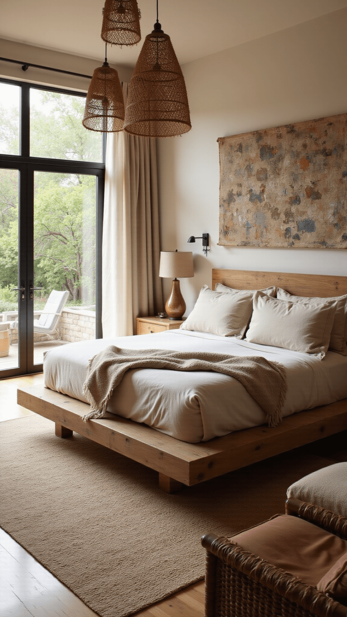 Organic modern bedroom with reclaimed wood bed, linen bedding, abstract textile art, vintage sconces, and French doors opening to garden.