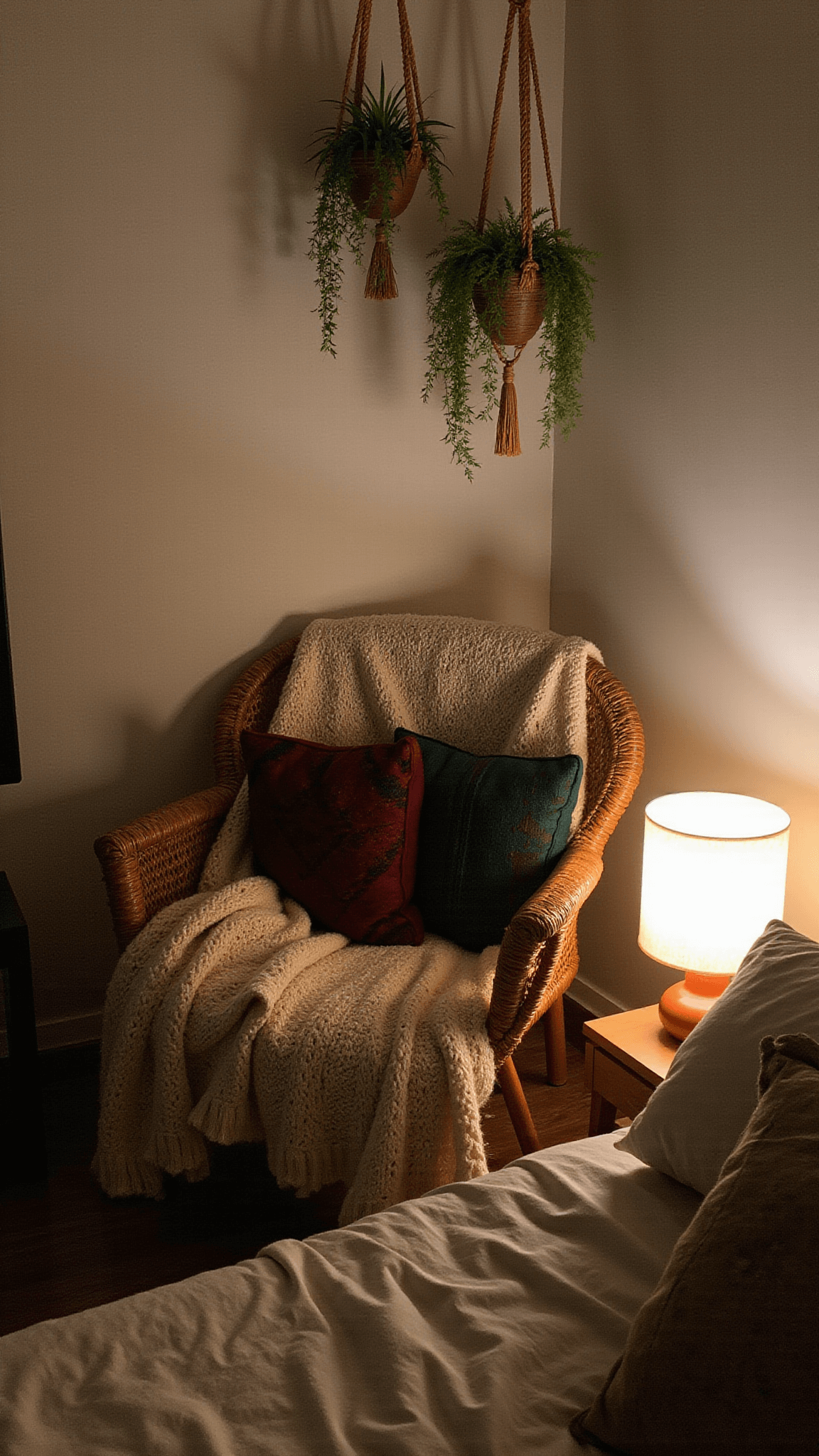 Cozy boho bedroom corner with rattan peacock chair, cream knit throw, warm lamplight, hanging plants, and vintage kilim pillows.