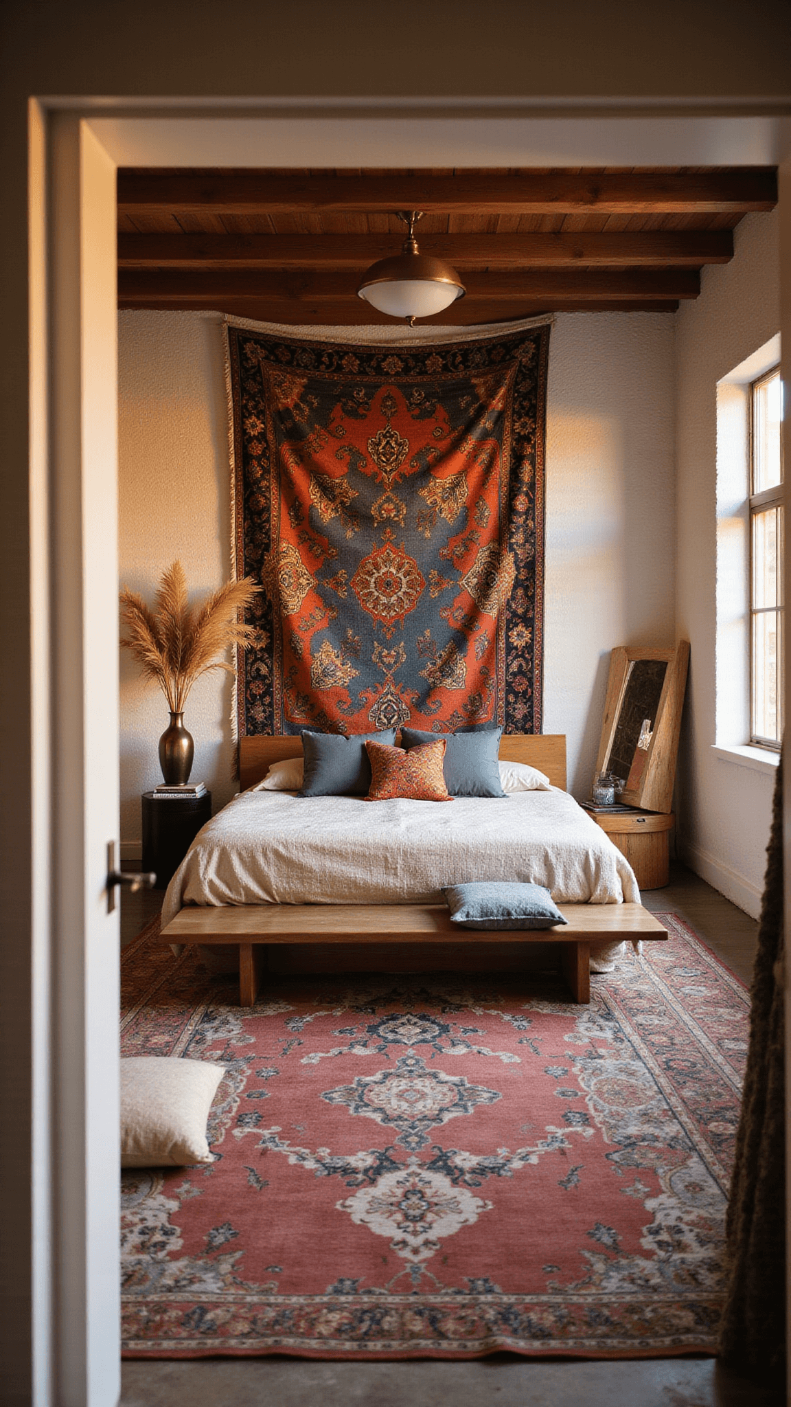 Boho-style bedroom with low wooden bed, vintage rugs, velvet floor cushions, and warm golden hour lighting.