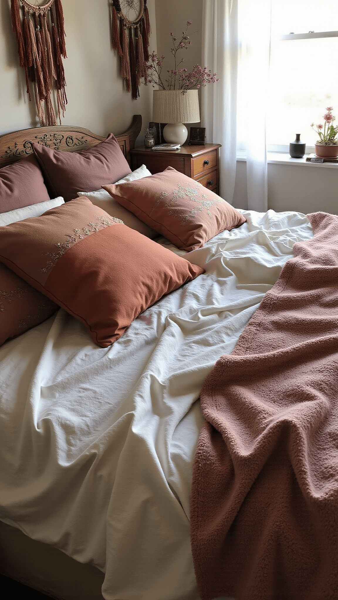 Boho-style unmade bed with sunset-colored linens, mud cloth pillows, and tasseled throw, viewed from above in soft morning light.