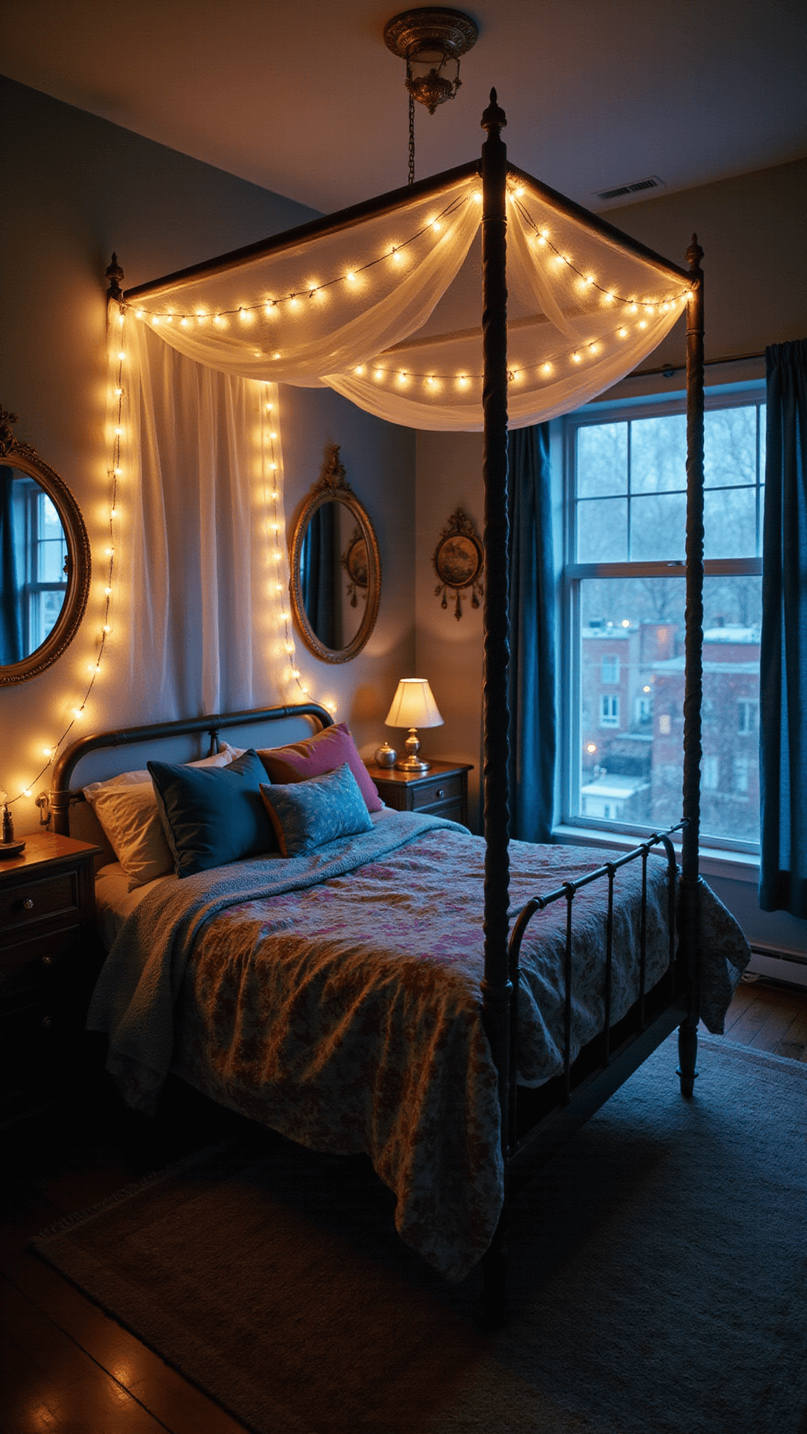 Boho bedroom at twilight with string lights, sheer canopy over vintage iron bed, jewel-toned textiles, gauzy curtains, and brass mirrors reflecting warm light.