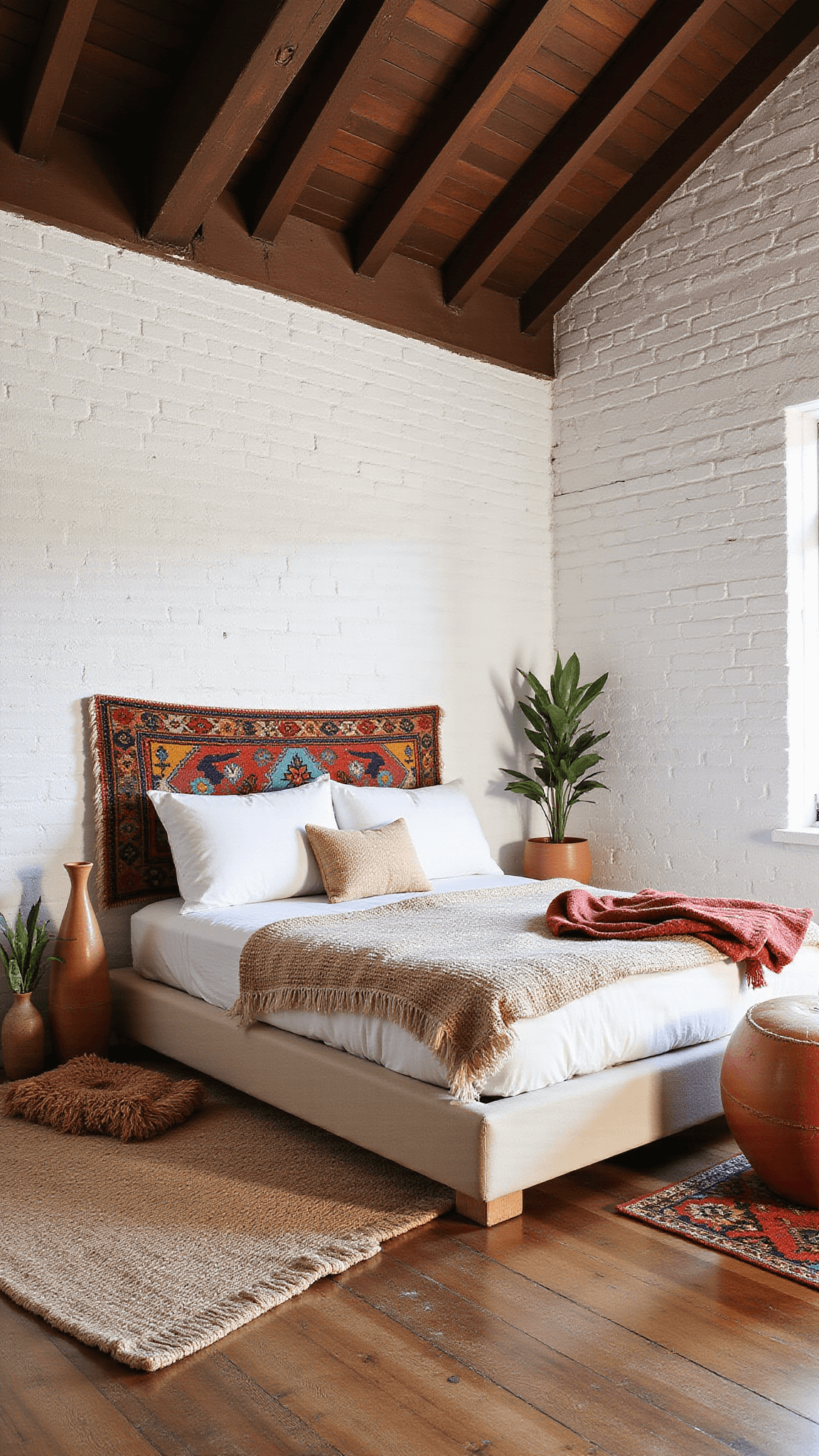 Boho retreat room with white painted brick walls, dark wood beam ceiling, platform bed with colorful kilim headboard, layered jute and wool rugs, pottery with trailing plants, and a meditation corner with cushions and Moroccan pouf in afternoon light.