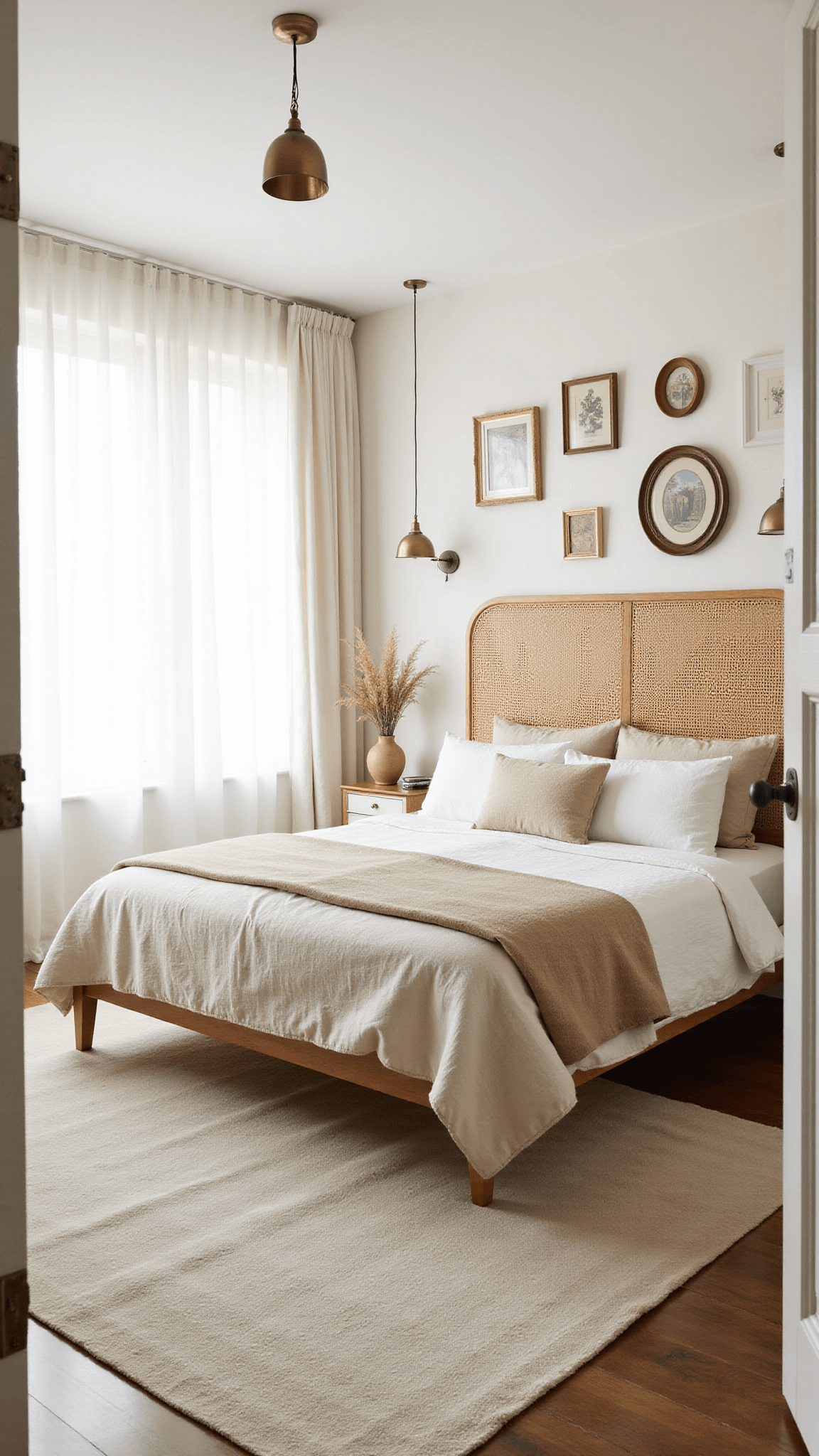 Airy primary bedroom with morning light, platform bed with linen bedding, ceramic pendant lights, vintage art gallery wall, and pampas grass in vases.