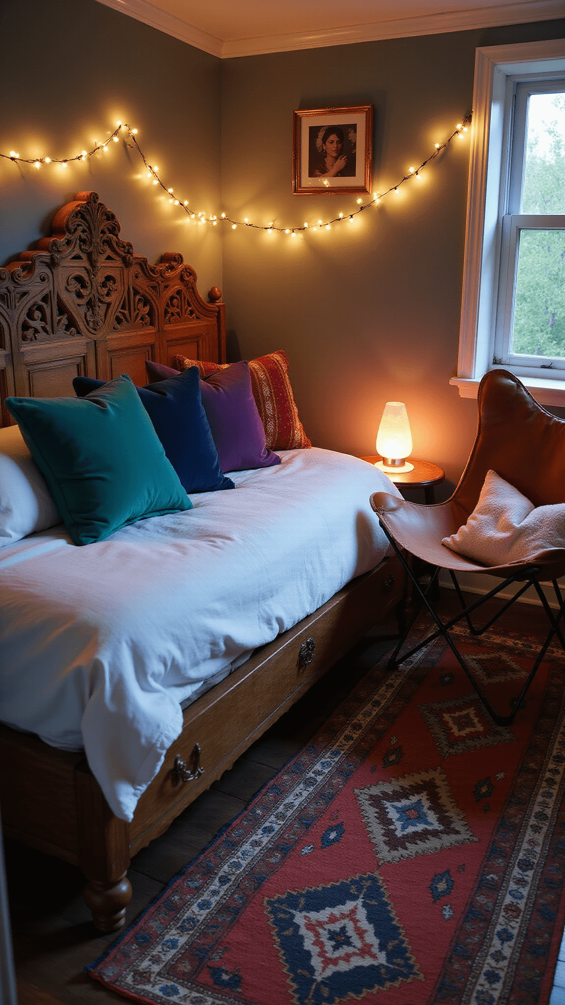 Boho sanctuary with diagonal bed, carved headboard, fairy lights, jewel-toned pillows, Kilim runner, leather butterfly chair, and Himalayan salt lamp at twilight.