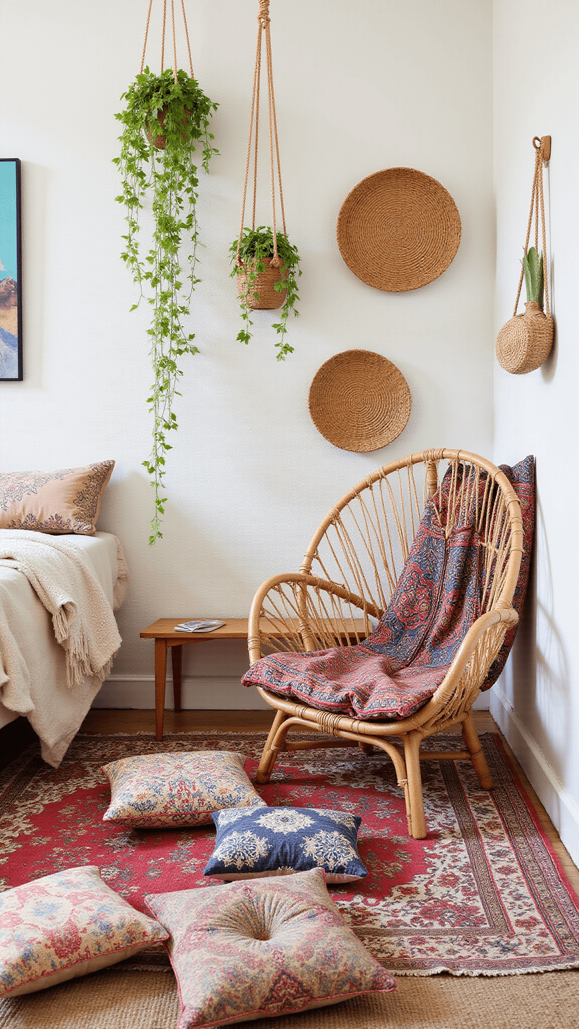 Boho bedroom with unmade bed topped by Moroccan wedding blanket, patterned floor cushions, macramé plant hangers, rattan peacock chair, and whitewashed walls with woven basket decor.