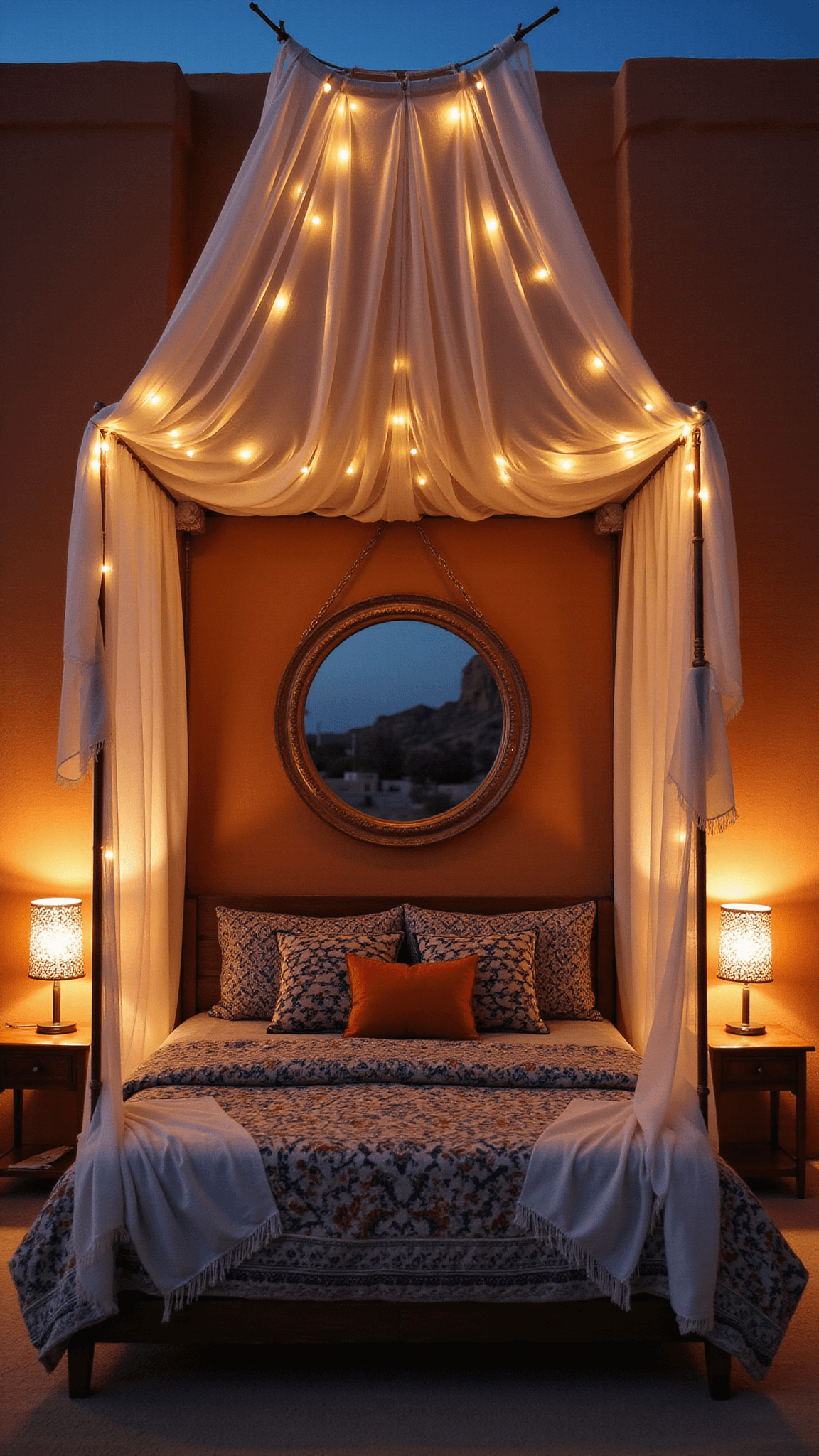 Boho bedroom at dusk with canopy bed, gauzy white drapes, warm LED lights, indigo and rust bedding, brass mirror, Moroccan lamps, and terracotta walls.