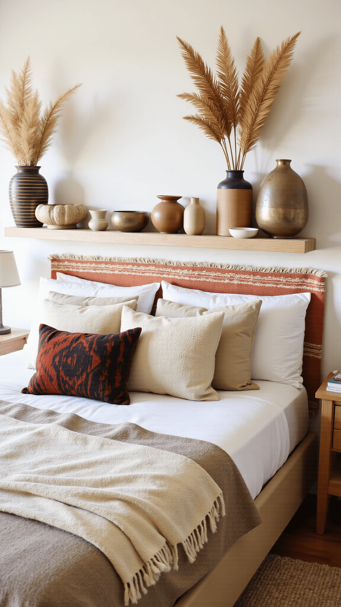 Bohemian 15x15ft sunlit room with low platform bed, layered natural linens, vintage rug headboard, and organic textures including dried palms and ceramic decor.