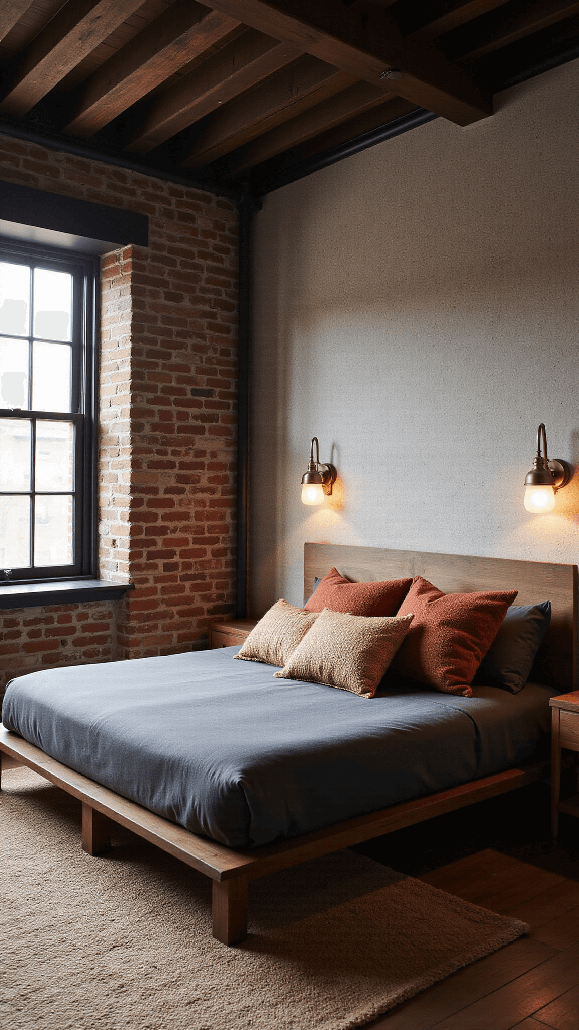 Cozy corner bedroom with exposed brick, dark beams, and moody natural light featuring a platform bed with Turkish pillows and a large jute rug on hardwood floors.