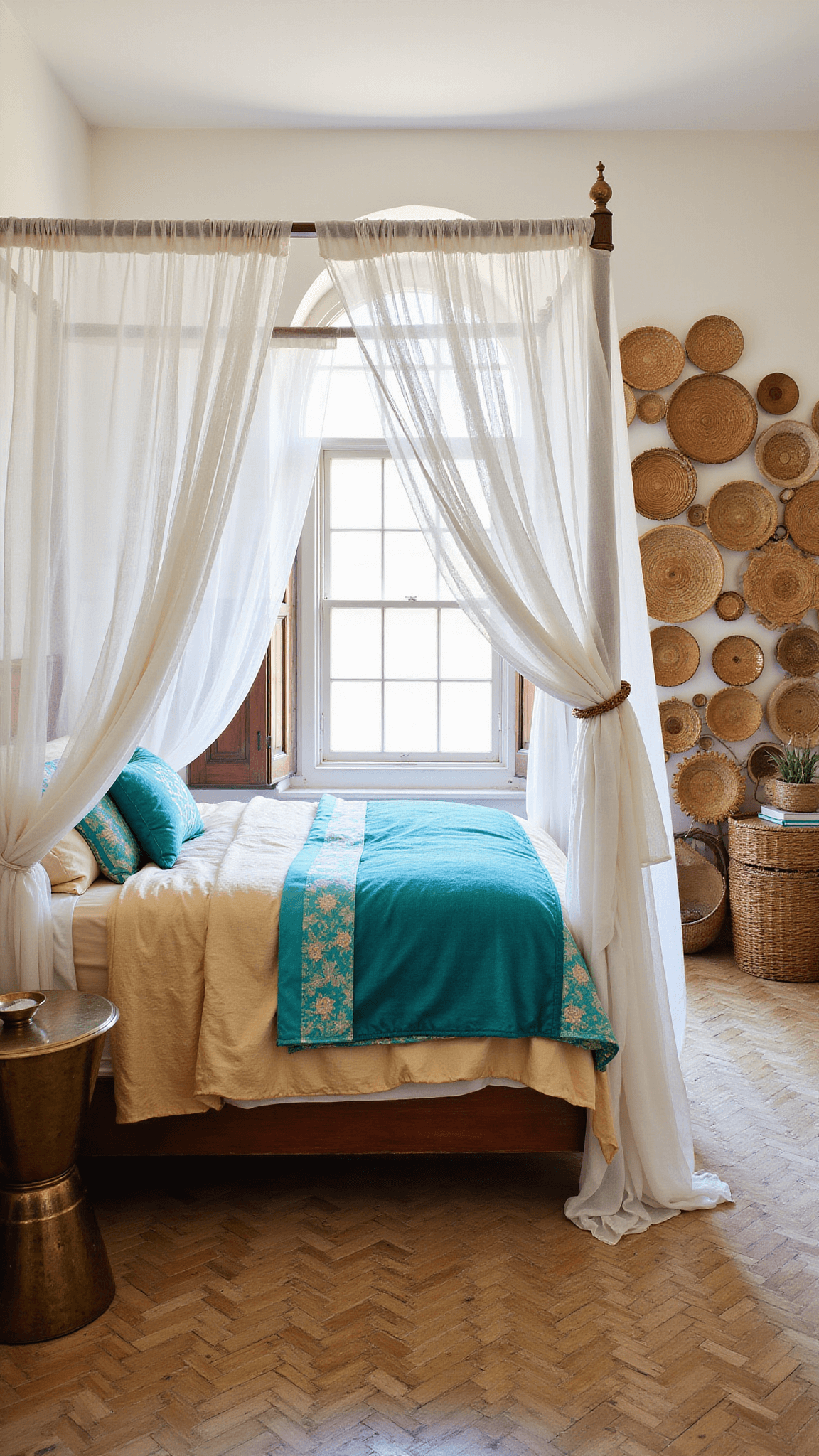 Primary bedroom with arched windows, herringbone floors, and a canopy bed draped in white fabric, layered with turquoise and gold textiles, vintage Moroccan side tables, and woven baskets on the wall.