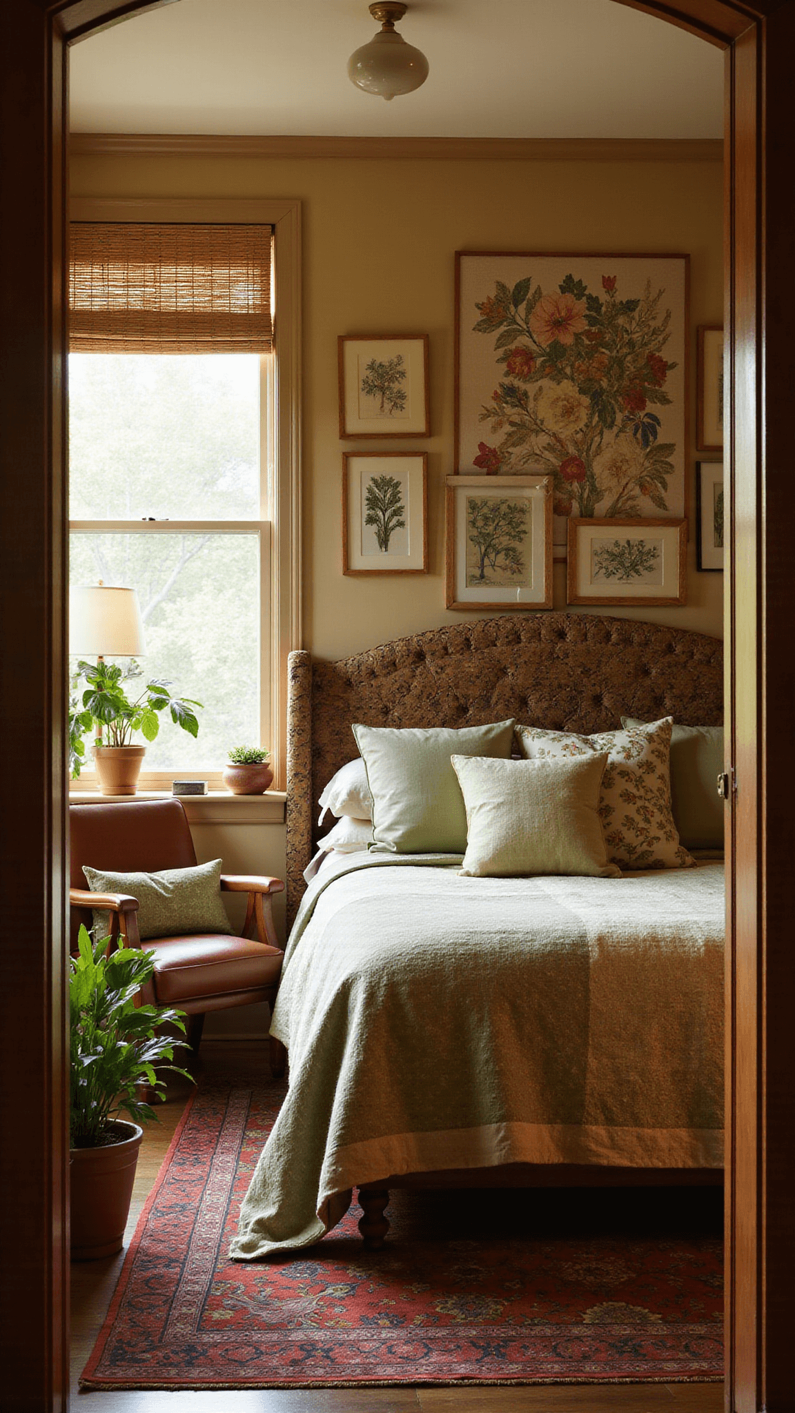 Cozy 11x13ft bedroom alcove with a reading nook, golden hour light through bamboo blinds, leather chair under vintage botanical prints, bed with sage green and cream block-printed linens, mud cloth pillows, Suzani tapestry headboard, rattan accents, and potted plants, shot from doorway with warm lighting.