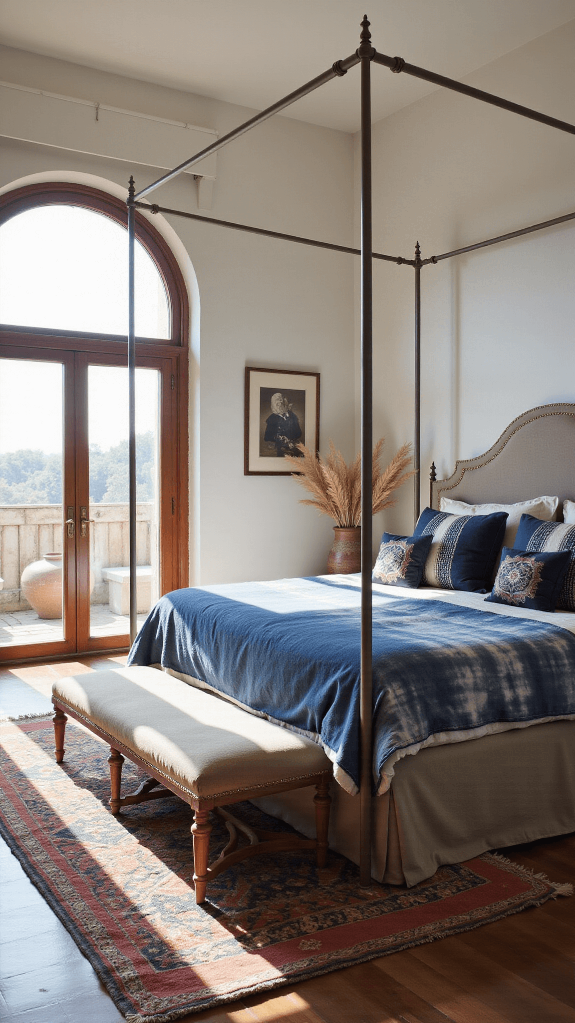 Luxurious bedroom with four-poster bed, indigo textiles, and French doors opening to a sunlit balcony.