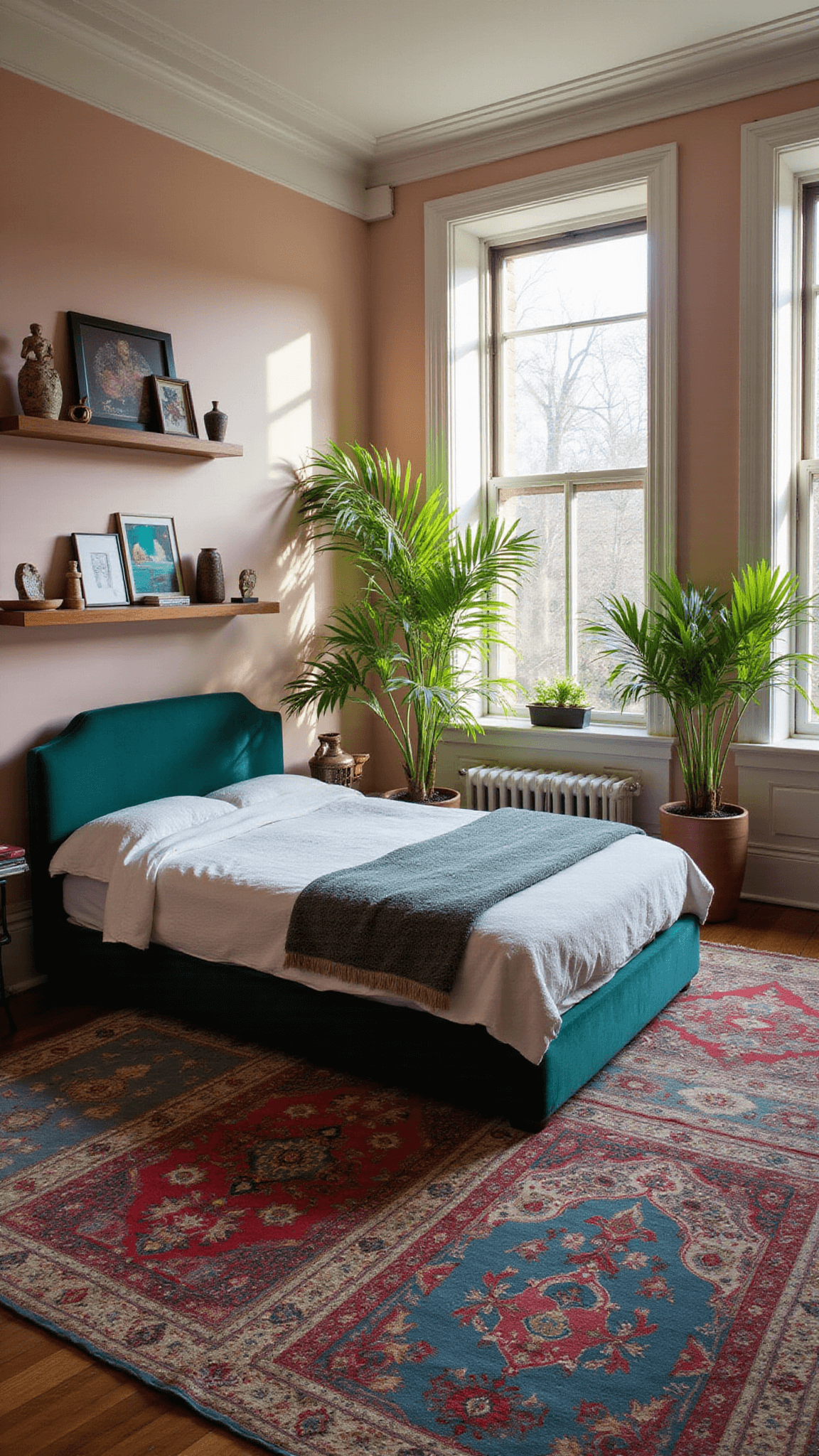 Eclectic 13x15ft bedroom with emerald green velvet headboard, blush walls, vintage rugs, tropical plants, and global artifacts on floating shelves in afternoon sunlight.