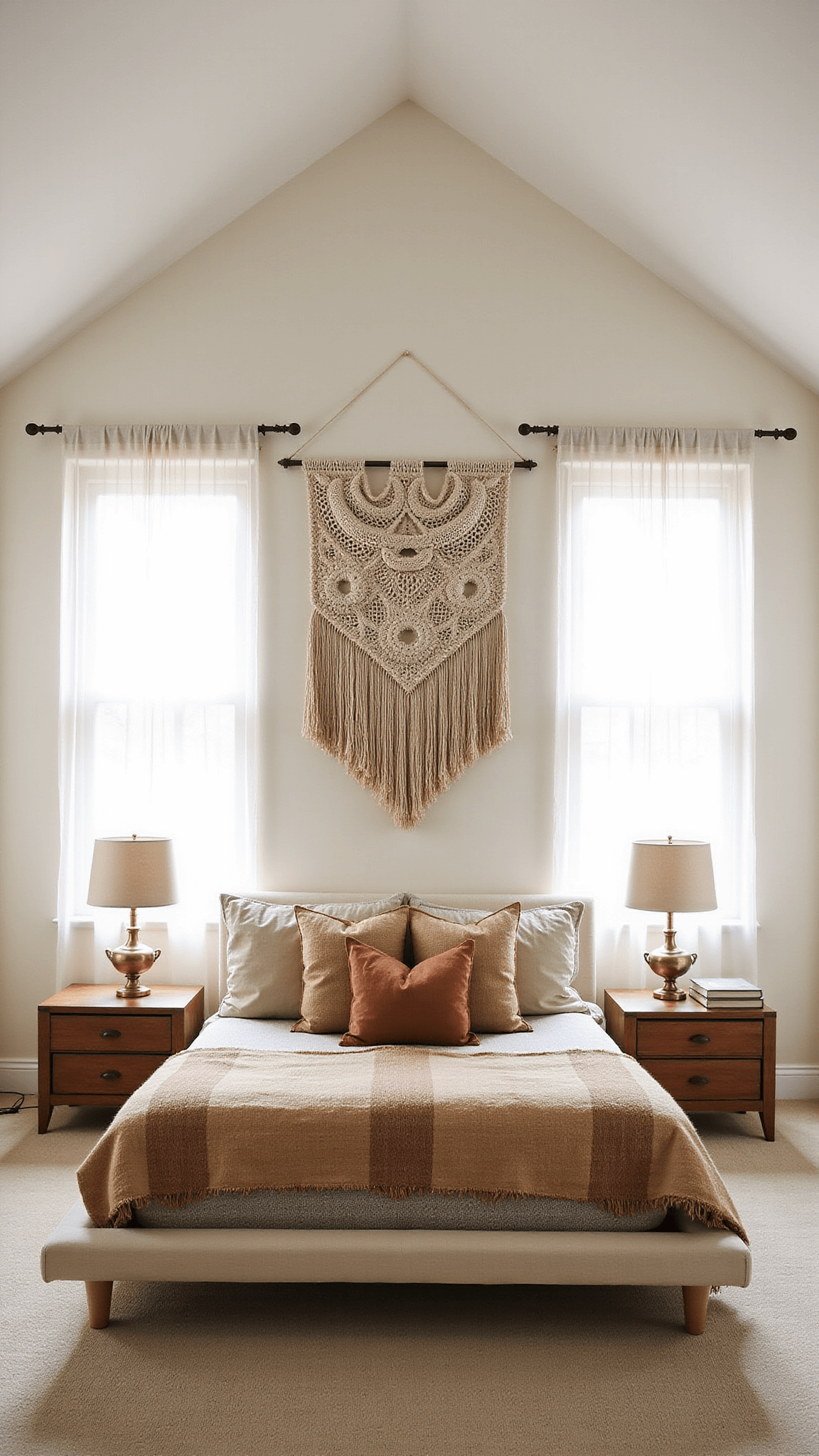 Serene 14x16ft bedroom with vaulted ceilings, platform bed in earth tones, macramé wall hanging, brass floor lamps, and dawn light through sheer drapes.