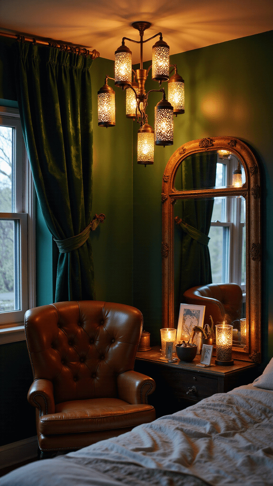 Boho bedroom corner with leather chair, brass table, hanging lanterns, emerald curtains, and vintage mirrors reflecting candlelight.