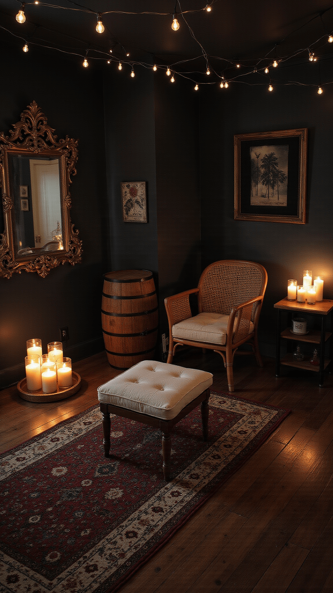 Atmospheric night view of a moody bedroom with string lights forming constellations on black walls, reflecting in a vintage bronze mirror, with glowing pillar candles, geometric rugs, and a curved rattan chair set.