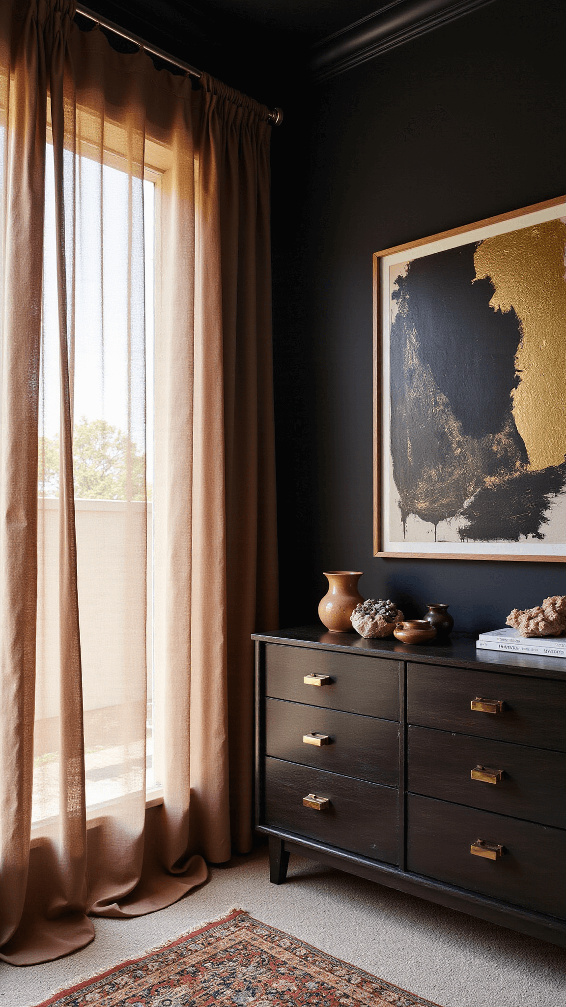Boho black bedroom with morning light on sheer bronze curtains, ebony mid-century dresser, crystal and brass decor, and gold-black abstract art.