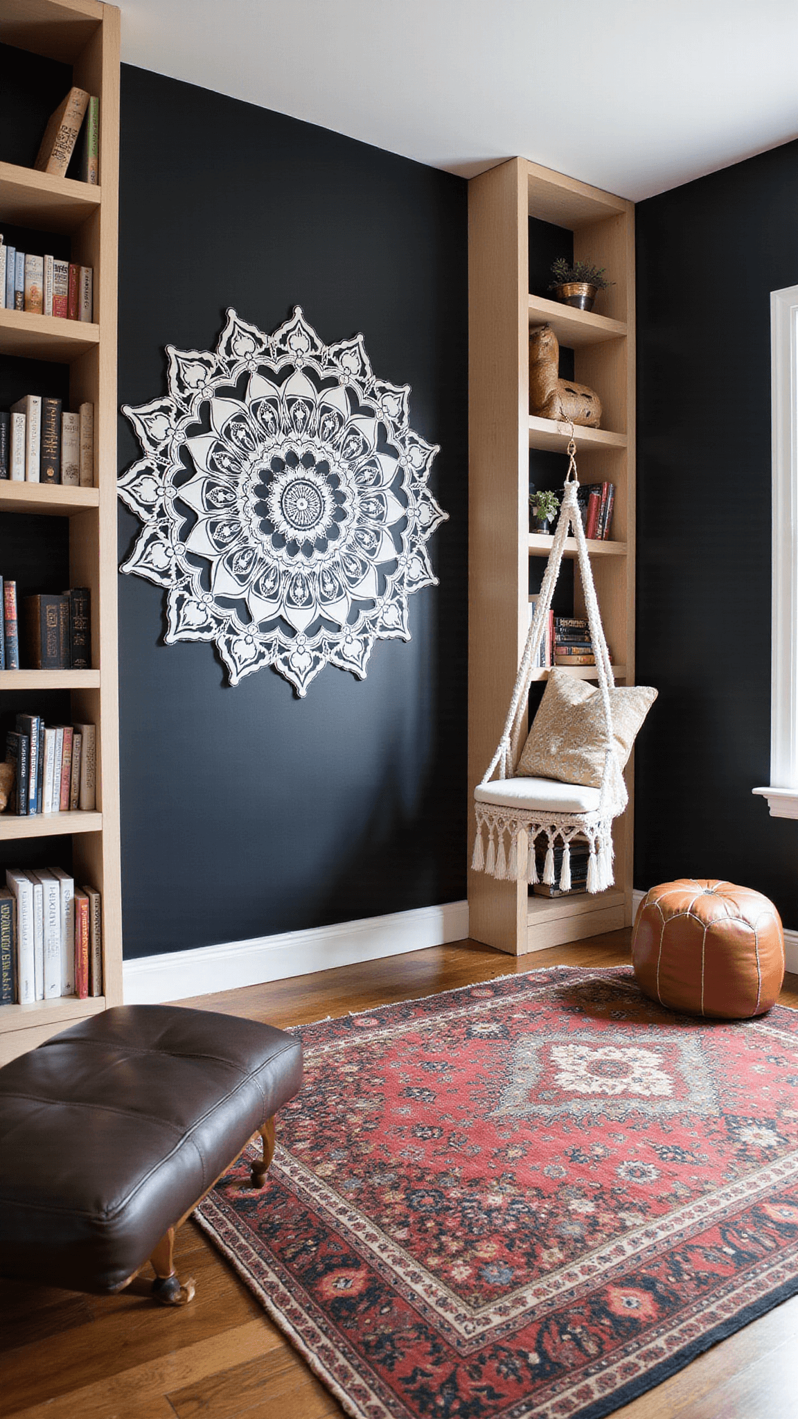 Cozy bedroom corner with black mandala accent wall, macramé swing chair, bookshelves, Moroccan pouf, and layered vintage rugs.