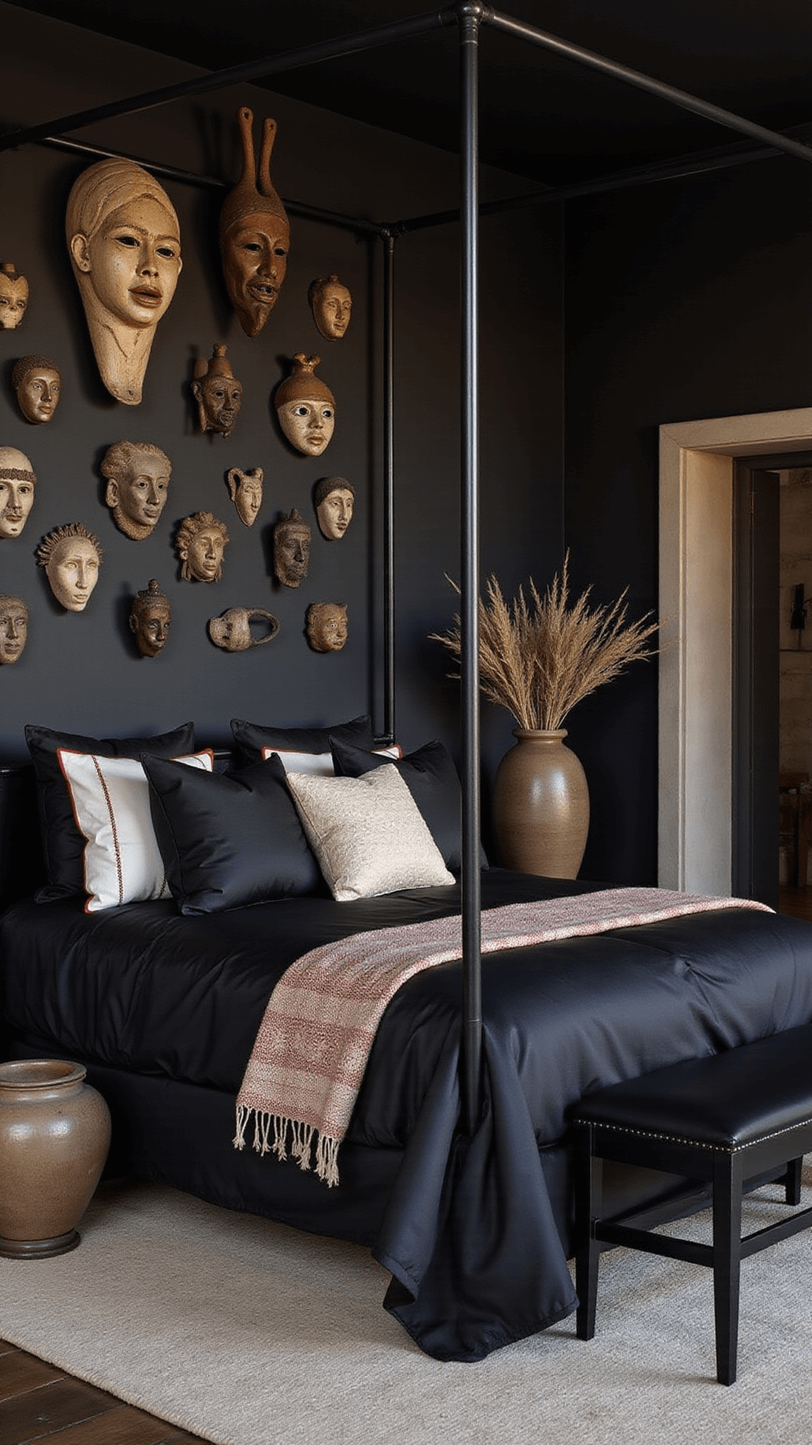 Moody main bedroom with tribal mask gallery wall on black walls, four-poster bed with mudcloth pillows, handwoven throw, and large ceramic vases with dried arrangements.