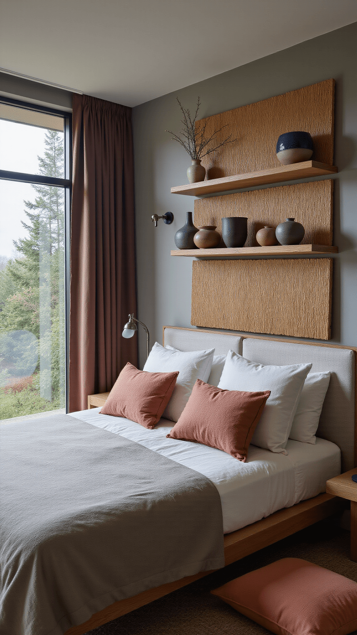 Serene bedroom corner with a low modern bed dressed in clay-toned Belgian linen, bamboo room divider, earth-colored ceramics, indigo textiles, and terracotta floor cushions bathed in soft blue light.