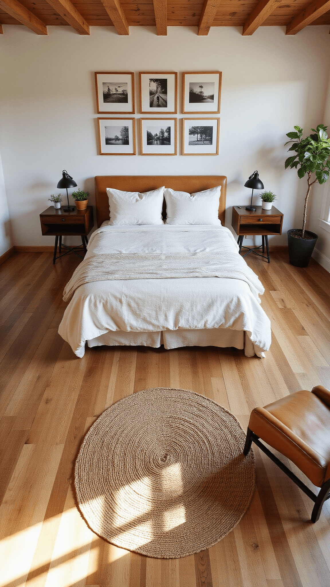 Overhead shot of a spacious bedroom at sunset featuring a California king bed, gallery wall, jute rug, leather chair, and fiddle leaf fig illuminated by warm directional light.