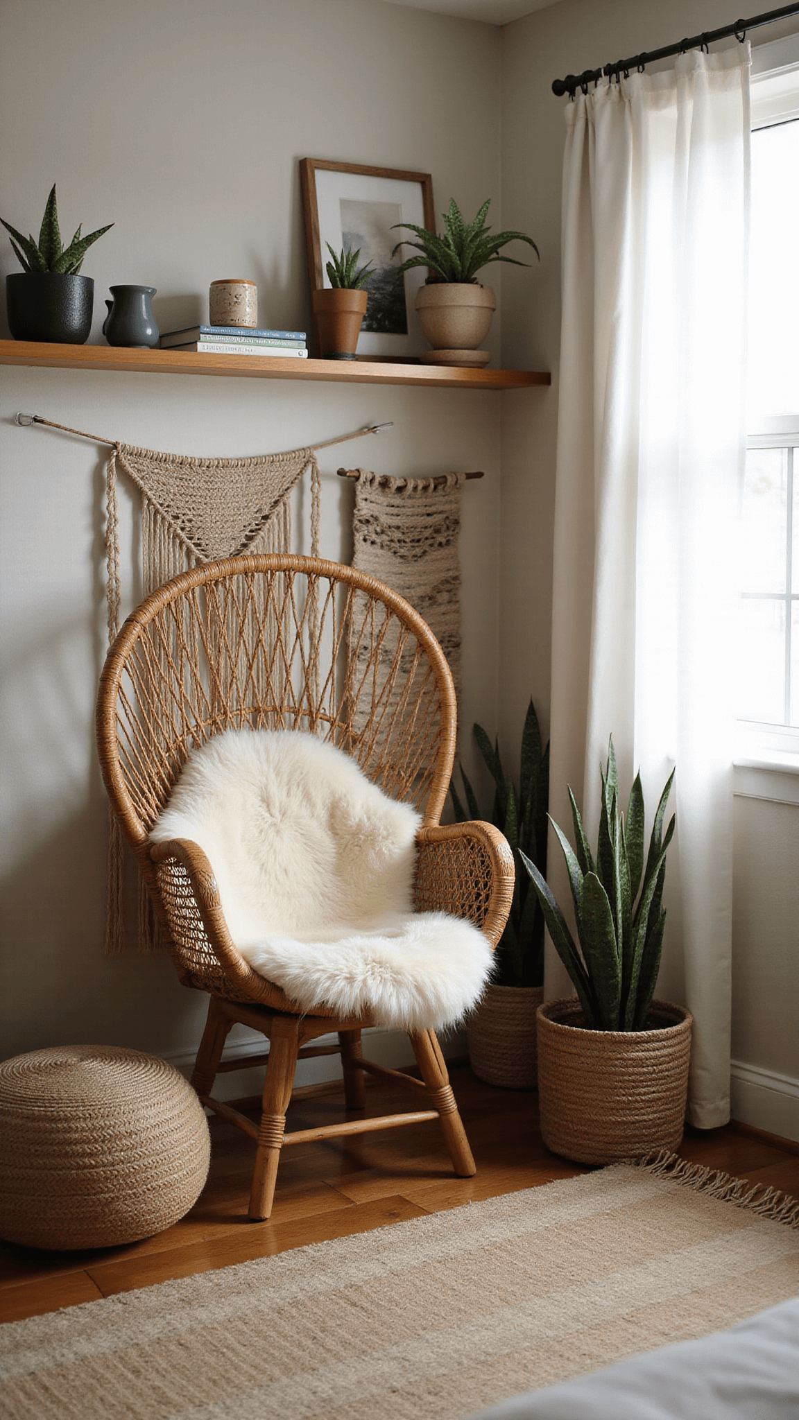 Inviting reading nook with vintage rattan peacock chair, sheepskin throw, wall tapestry, oak shelves filled with ceramics and books, jute pouf, and snake plants bathed in gentle midday light.