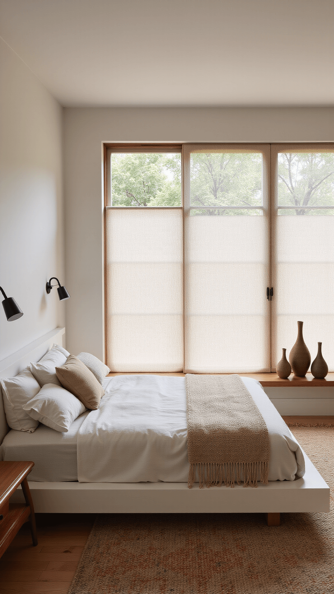Low-angle view of a peaceful bedroom illuminated by soft morning light, featuring shoji-style panels, layered neutral linens, vintage rug, and minimalist decor.