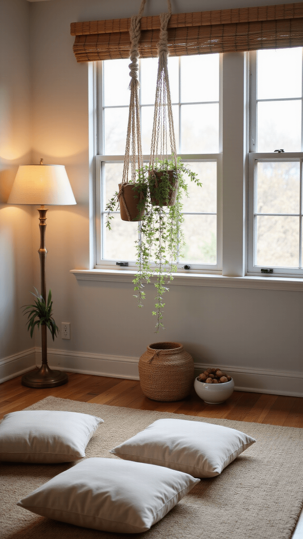 Evening-lit bedroom with meditation corner featuring floor cushions on hemp rug, brass lamp, ceramic bowls with dried botanicals, hanging plants, and bamboo roman shade.