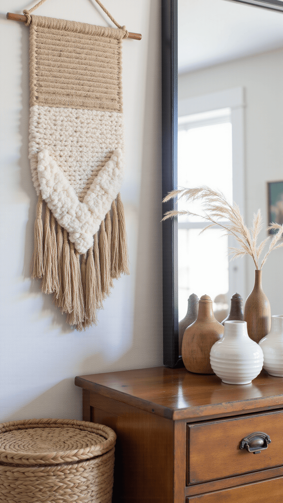 Close-up of a bedroom vignette featuring a vintage dresser, ceramic vessels, dried grasses, carved wood, and textured wall hanging with soft lighting and blurred background.