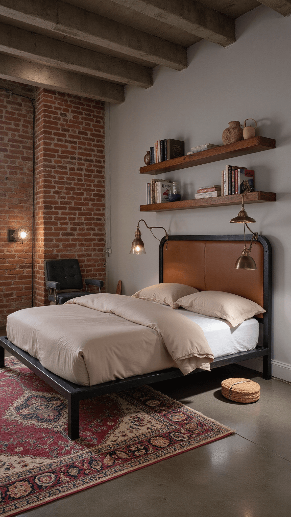Industrial chic basement bedroom with exposed concrete ceiling, brick accent wall, blackened steel bed frame, cognac leather headboard, vintage brass pendant lights, and Persian rug on raw concrete floor.