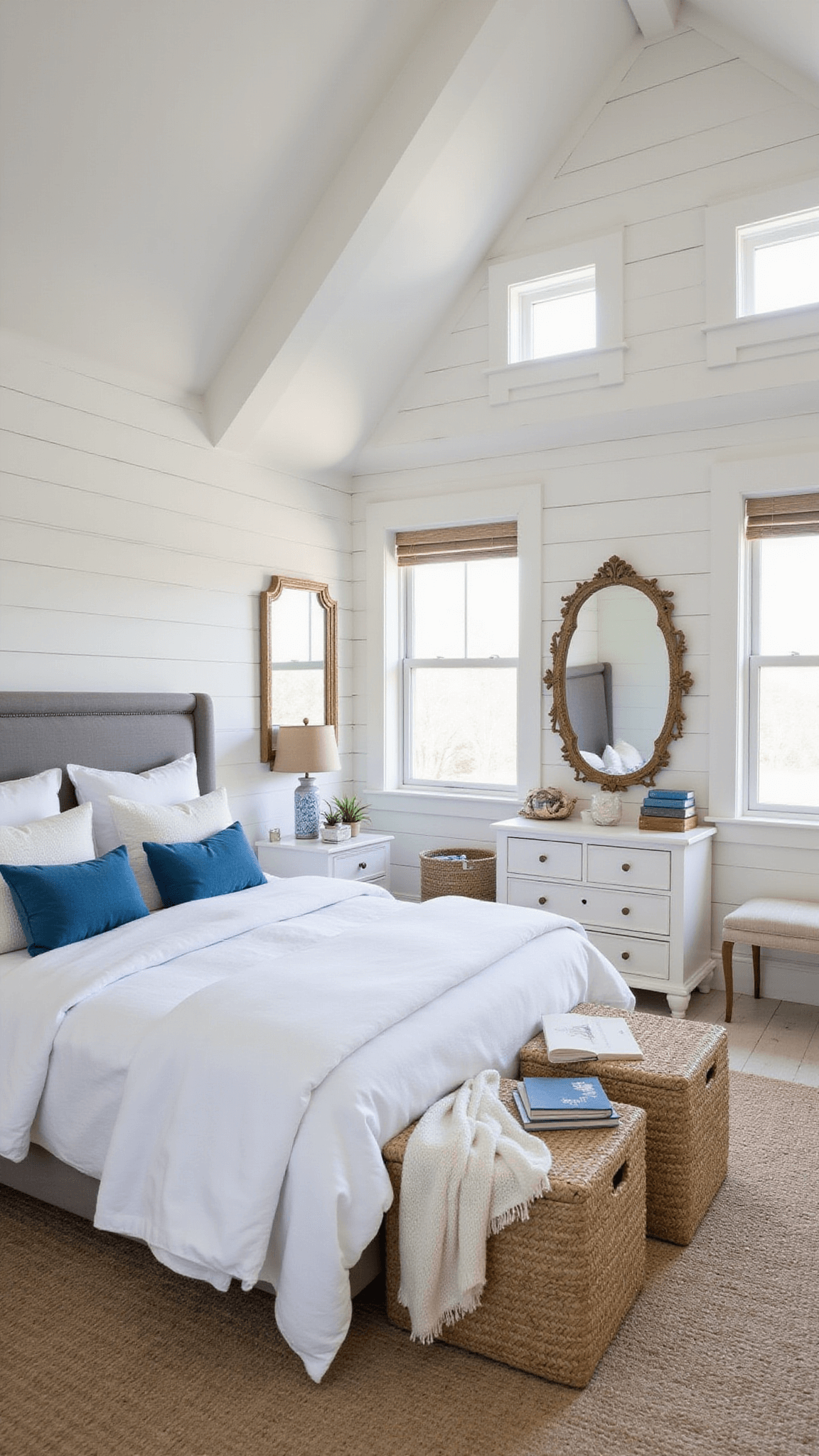 Coastal-inspired basement bedroom with white shiplap walls, queen bed in white linens, blue accent pillows, jute rug, seagrass baskets, and soft morning light reflecting off mirrors.
