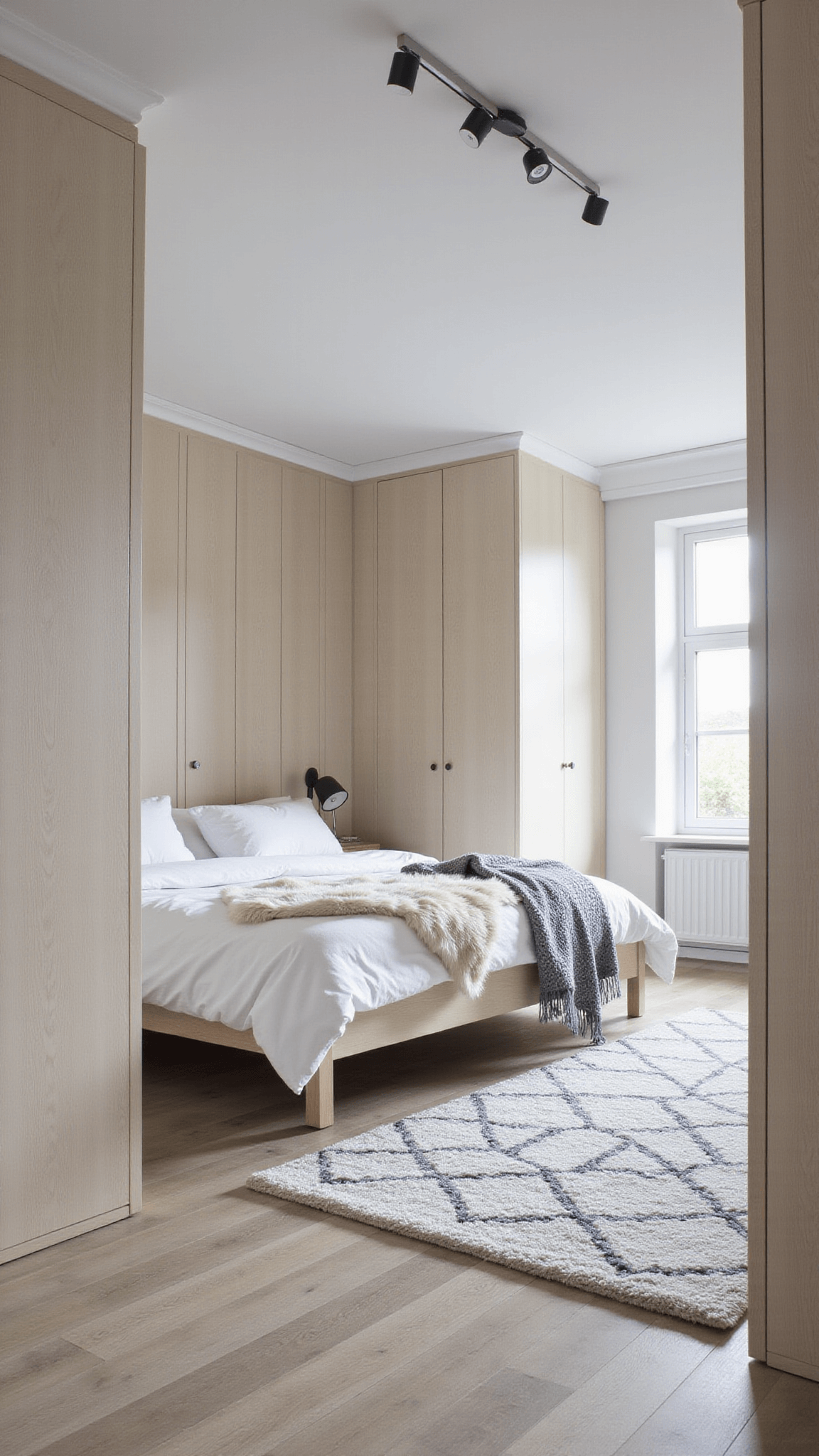 Scandinavian minimal basement bedroom with ash wood platform bed and mirrored wall reflecting late afternoon light, expanding the clean, monochromatic space.