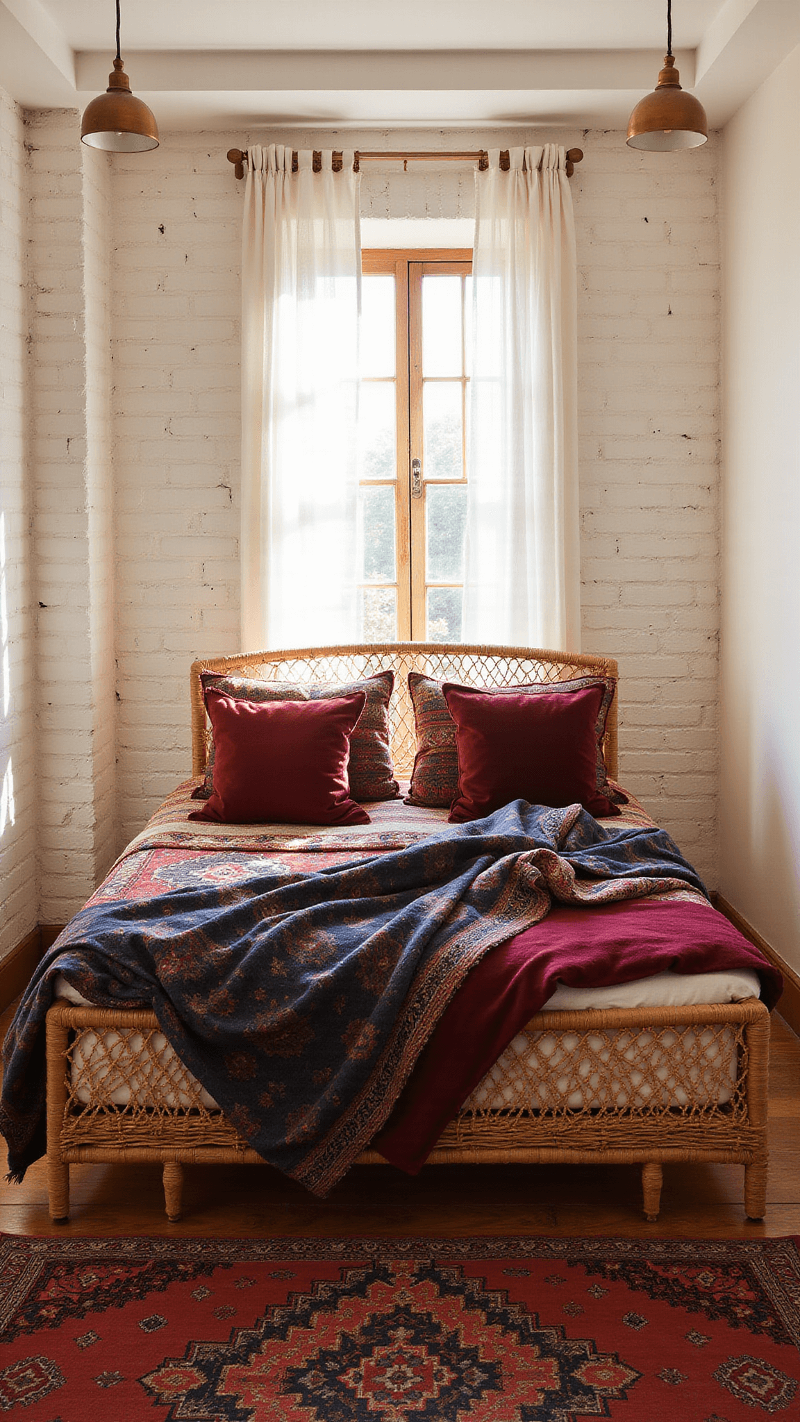 Bohemian luxe basement with rattan bed, Moroccan textiles, Persian rugs, and brass lighting in warm golden hour light.