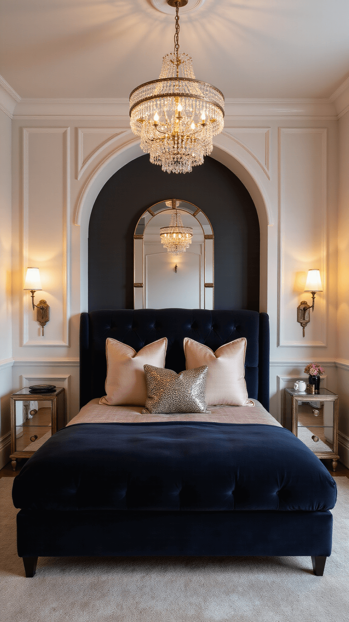 Art deco glam basement boudoir with navy velvet bed, mirrored nightstands, geometric moldings, brass sconces, and crystal chandelier in evening lighting.